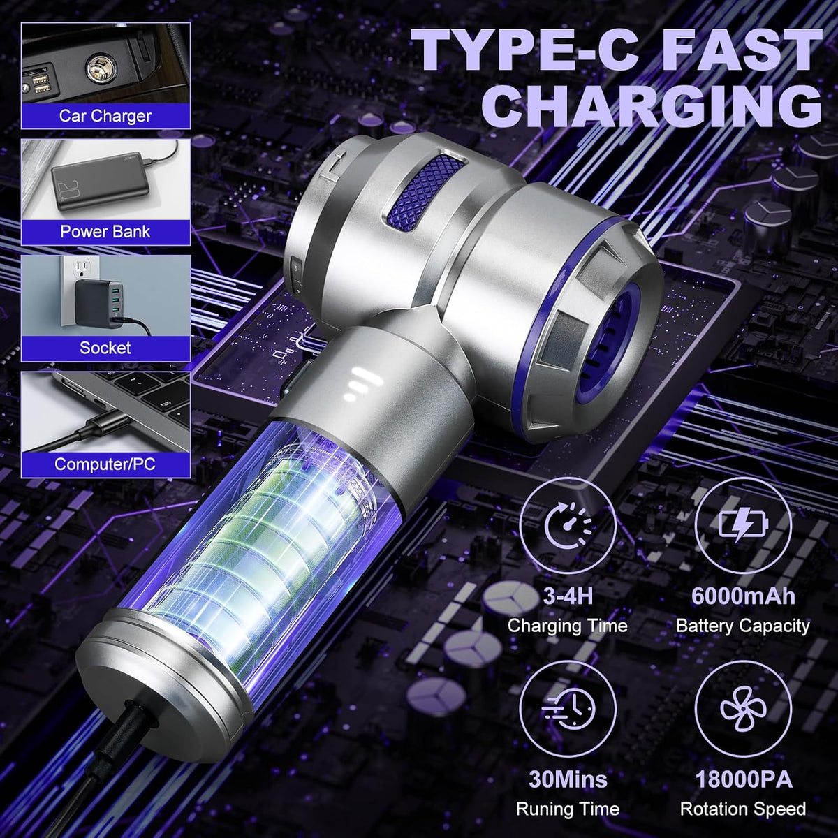 Handheld Car Vacuum Portable Cordless - 18000PA High Power with Brushless Motor, 4-in-1 Air Duster, Blower, Pump & Rechargeable Mini Vacuum for Car, Home, Office (Silver Grey+Blue)