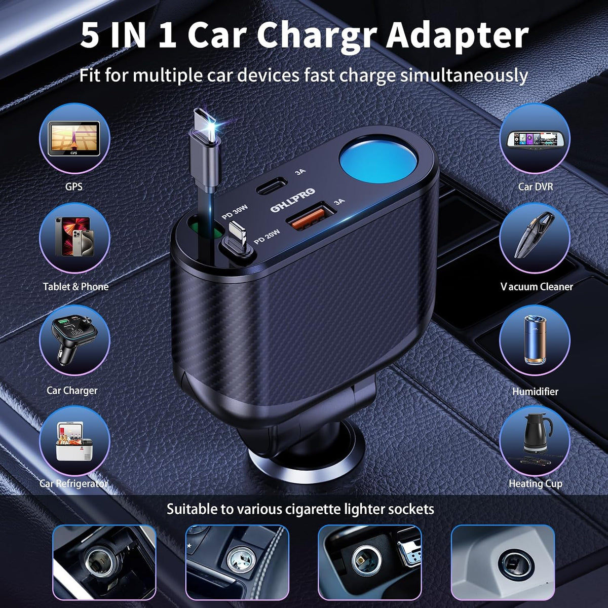 OHLPRO Retractable Car Charger Cigarette Lighter Adapter, 168W 5 in 1 Fast Phone Charging Built-in Replaceable Fuse, Socket Splitter with USB C and USB i Cord, Fit for Phone iPad Galaxy GPS, Black