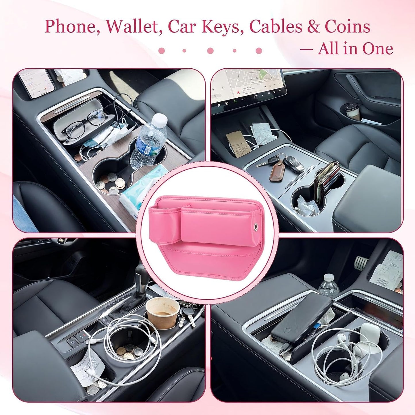 Aliceset 2 Pack Pink Car Seat Gap Filler Organizer with Cup Holder and Storage Leather Car Organizer for Keys Cards Phone Sunglasses and Small Items