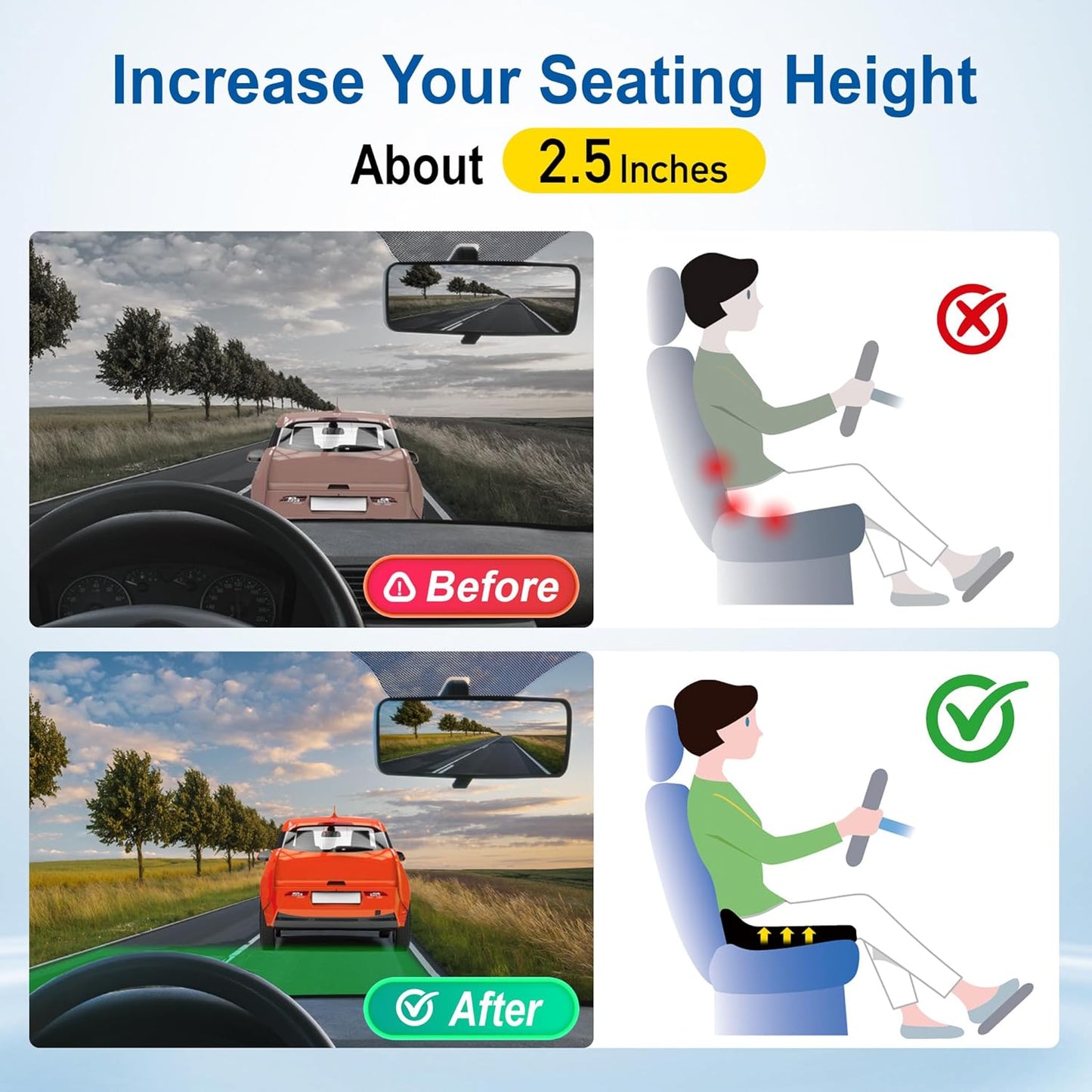 Lofty Aim Car Seat Cushion for Driving, Memory Foam Driver Seat Cushion | Car Seat Cushion for Long Driving Comfort, Driver Seat Pillow Adds Height and Support for Cars, Trucks, Office Chairs, Black