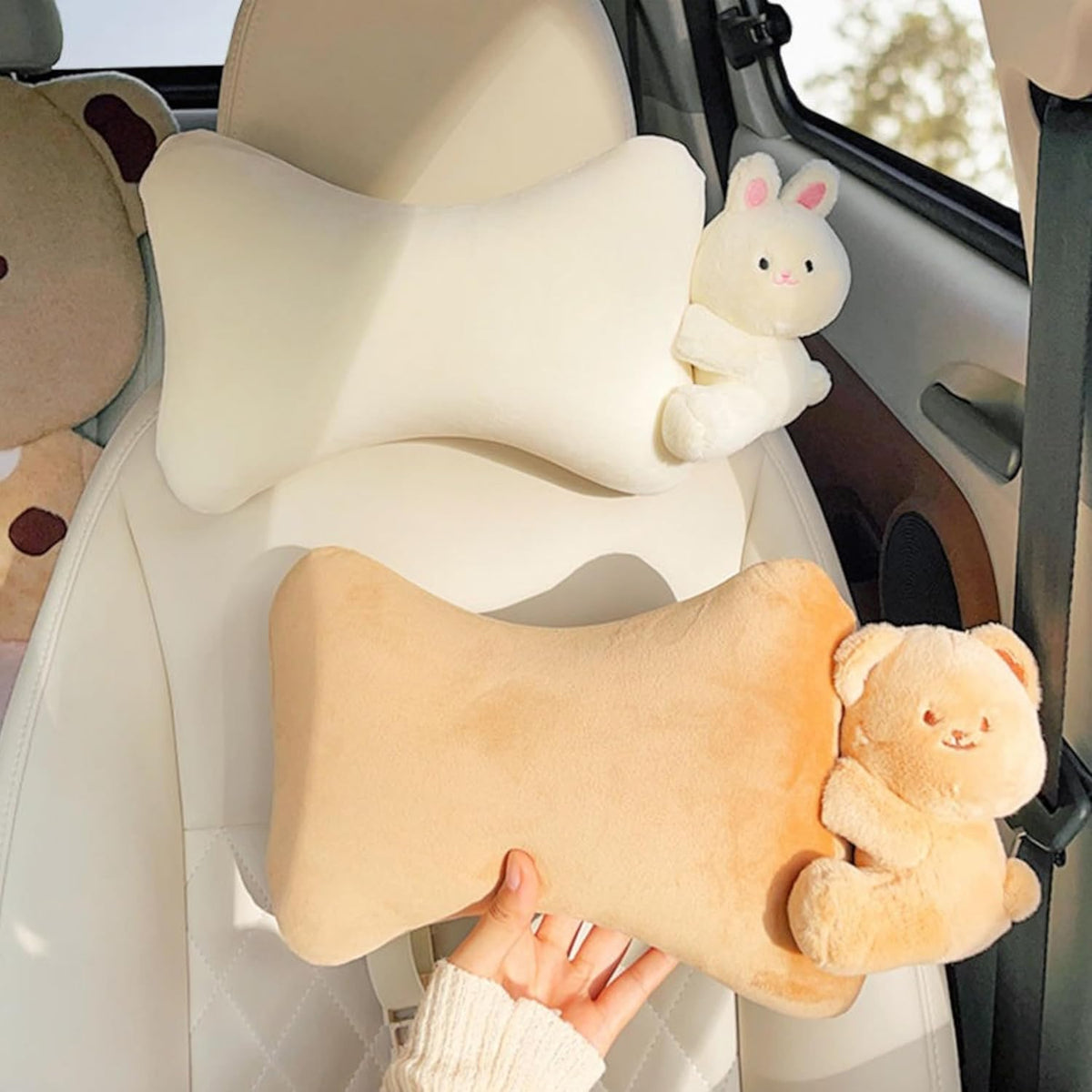 Car Headrest Pillow 2PCS Plush Bear ＆ Bunny Car Seat Headrest Pillow - Memory Foam Neck Support Cushions for Comfortable Driving, Easy Install & Washable (Brown Bear)