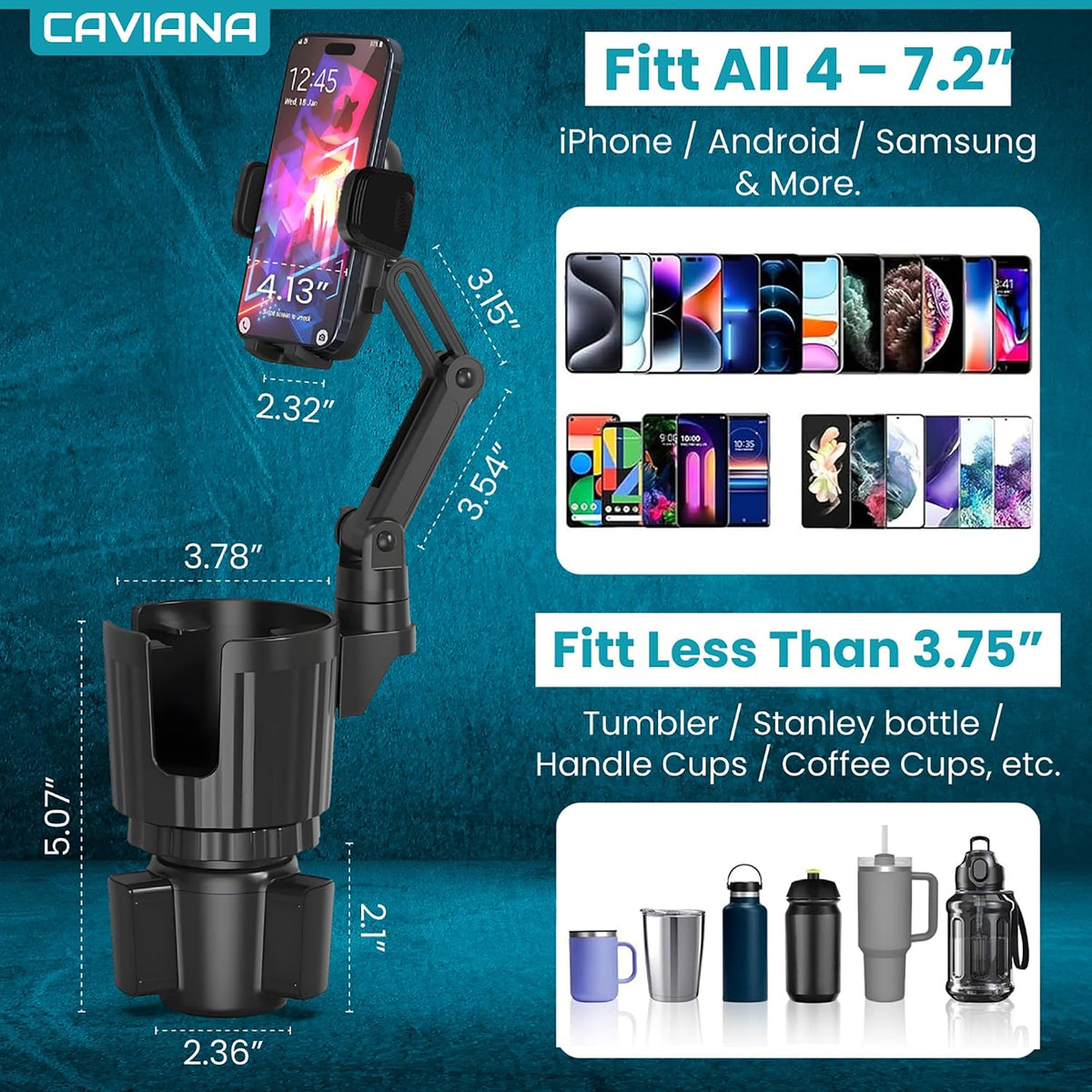 Phone Holder & Phone Mount for Car & Cup Holder Expander – 2-in-1 for Smartphones, Bottles, Tumblers & Coffee Mugs – Strong Clamp, Anti-Shake, 360° Rotation