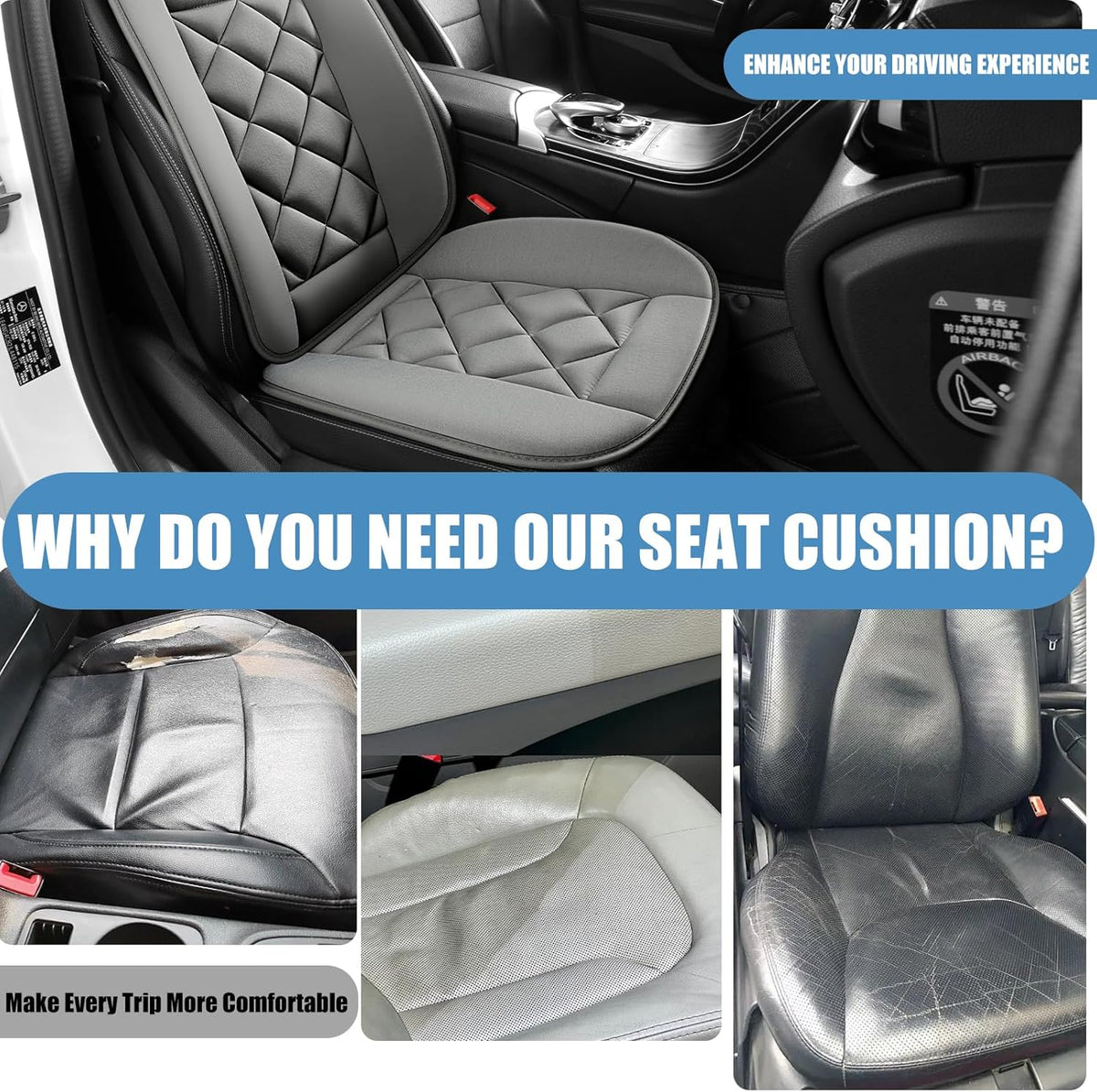 Car Seat Cushion with Back Support Pillow, Car Seat Cushion for Long Driving, Breathable Car Seat Protector, 1.2'' Thick Memory Foam Design for Pain Relief, Seat Pad for Car SUV Truck (Grey)