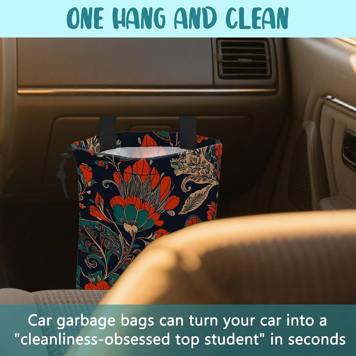 Car Garbage Bag Abstract Red and Green Flowers Hanging Canvas Car Trash Bag Drawstring Car Back Seat Organizer for Car Back Front Seat Console with Adjustable Buckle