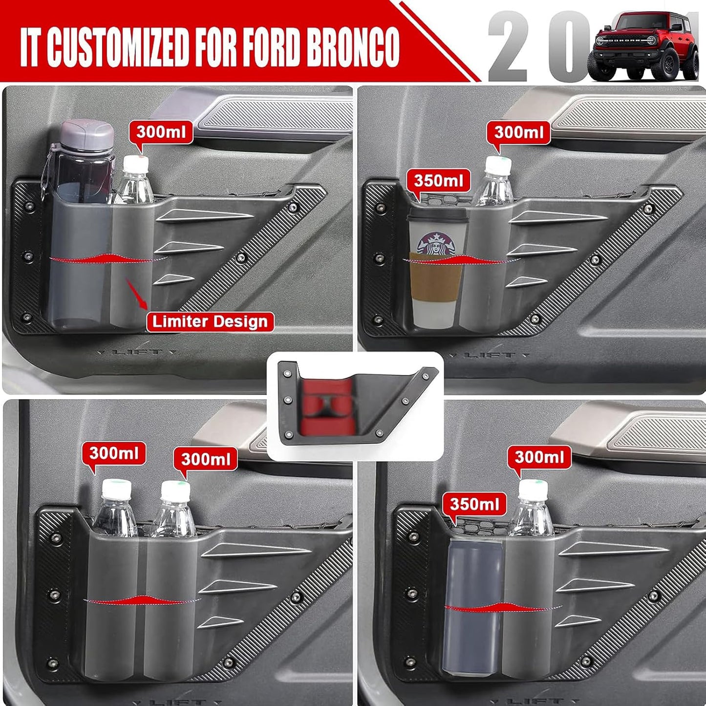 Mabett Front Door Storage Pockets for Ford Bronco Accessories 2026 2021-2025, Side Door Organizer Box fit Bronco 2/4-Door, Insert Cup Holder(2PCS)