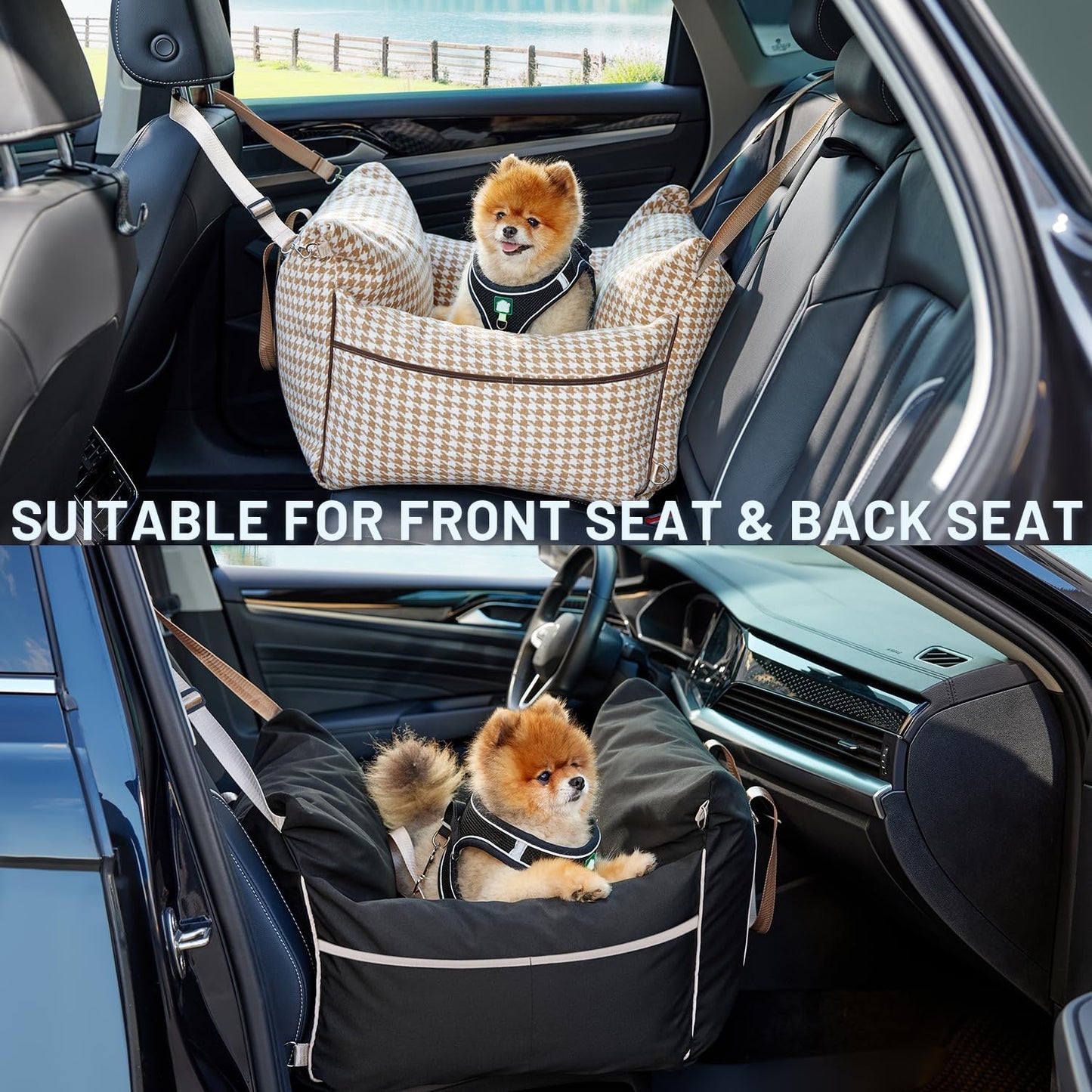 ZOMISIA Dog Car Seat for Small Dogs - Waterproof Pet Booster Seat for Car with Clip-On Safety Leash, Travel Carrier for Medium Puppy up to 25 lbs, Adjustable Buckles, Black