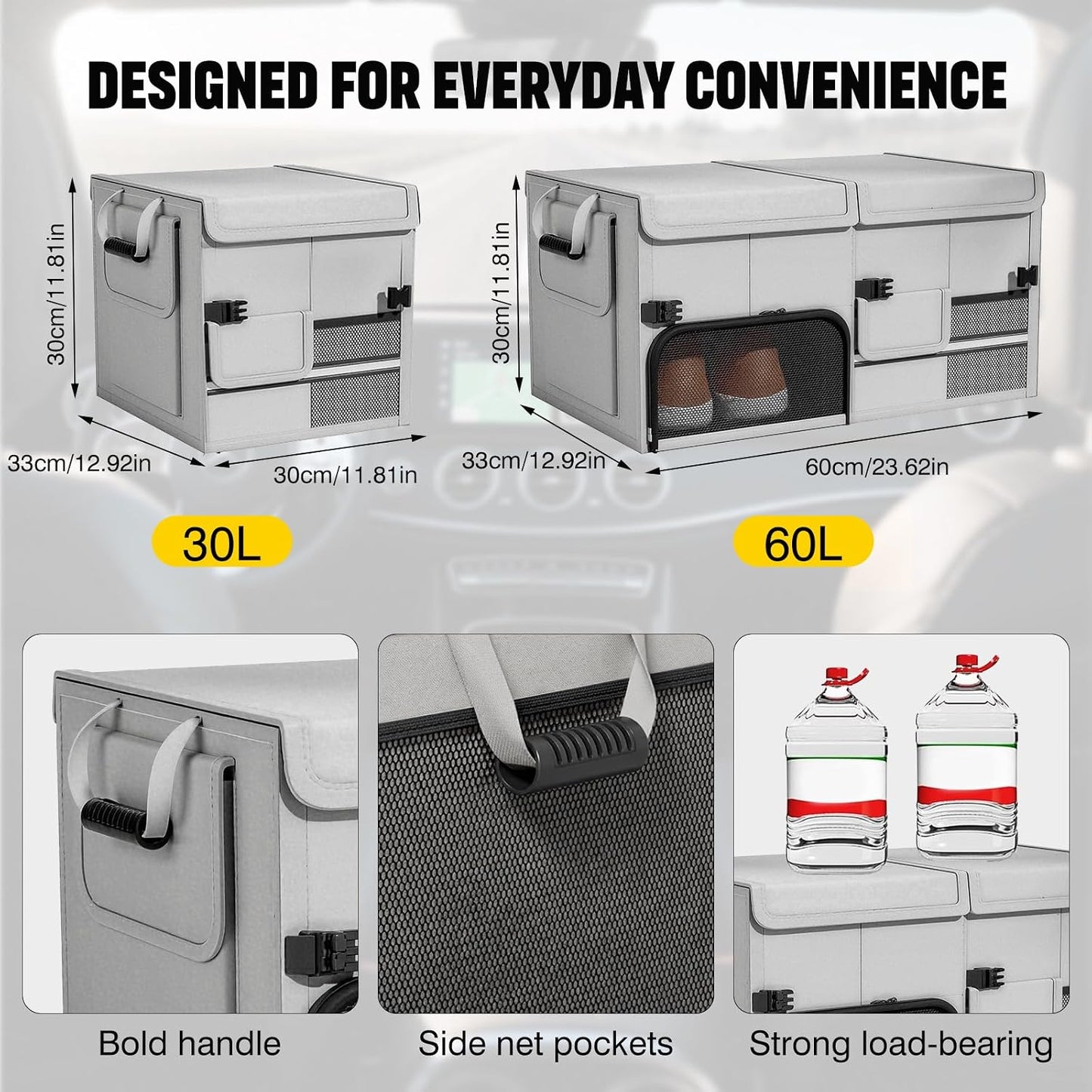 Foldable Car Trunk Organizer with Multi-Compartment – Expandable 30-60L Storage Bin, Side Mesh Pockets, Waterproof 600D Oxford Cloth, Car Accessories for SUV/Truck/Sedan, Grey, 23.6"x13.0"x11.8"