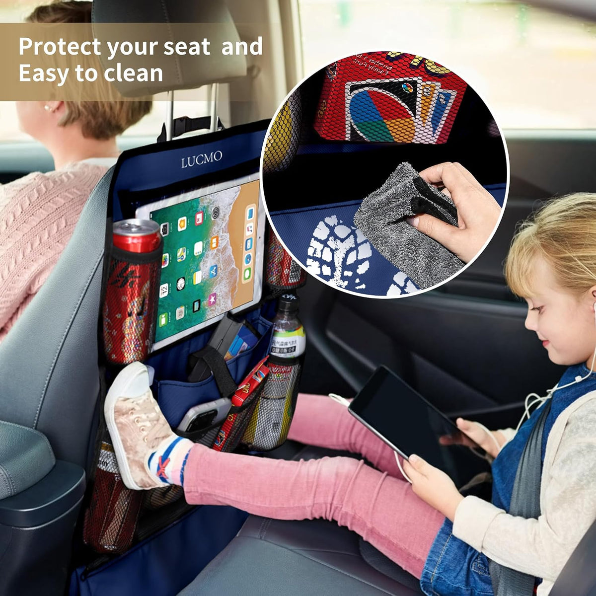LUCMO Car Backseat Organizer with Touch Screen Tablet Holder,Dark Blue | 2 Pcs,9 Storage Pockets,Clear Tablet Holder,Protectors Kick Mats,Travel Accessories,Seat Cover,Road Trip Essentials