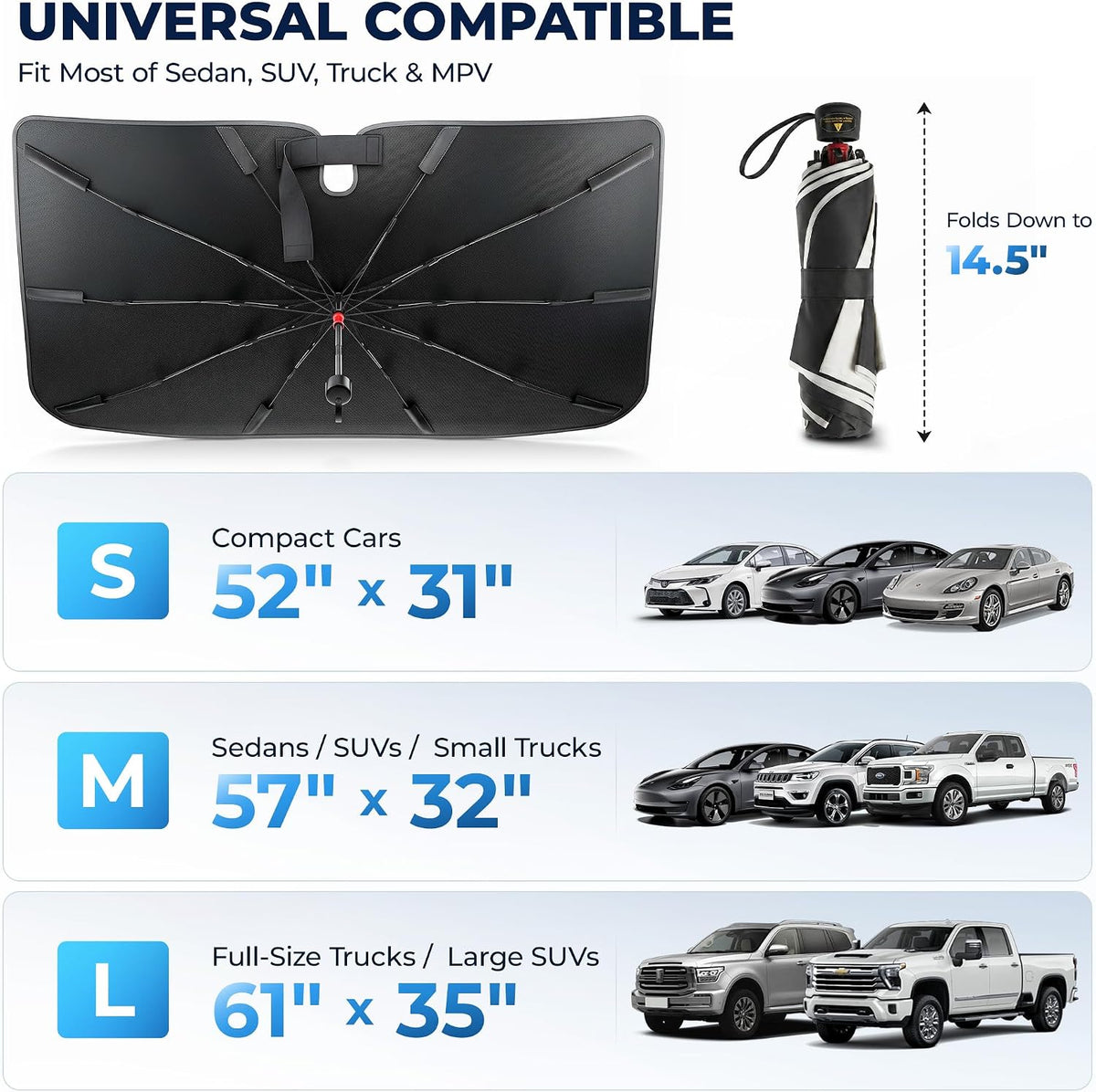 DMJN Umbrella Windshield Sun Shade for Car & SUV, Car Sunshade for Front Windshield [Nano Ice-Crystal Coatings] UPF50+ Heat & UV Block, Protect Interior & Keep Cooler Universal for Most of Sedan & SUV