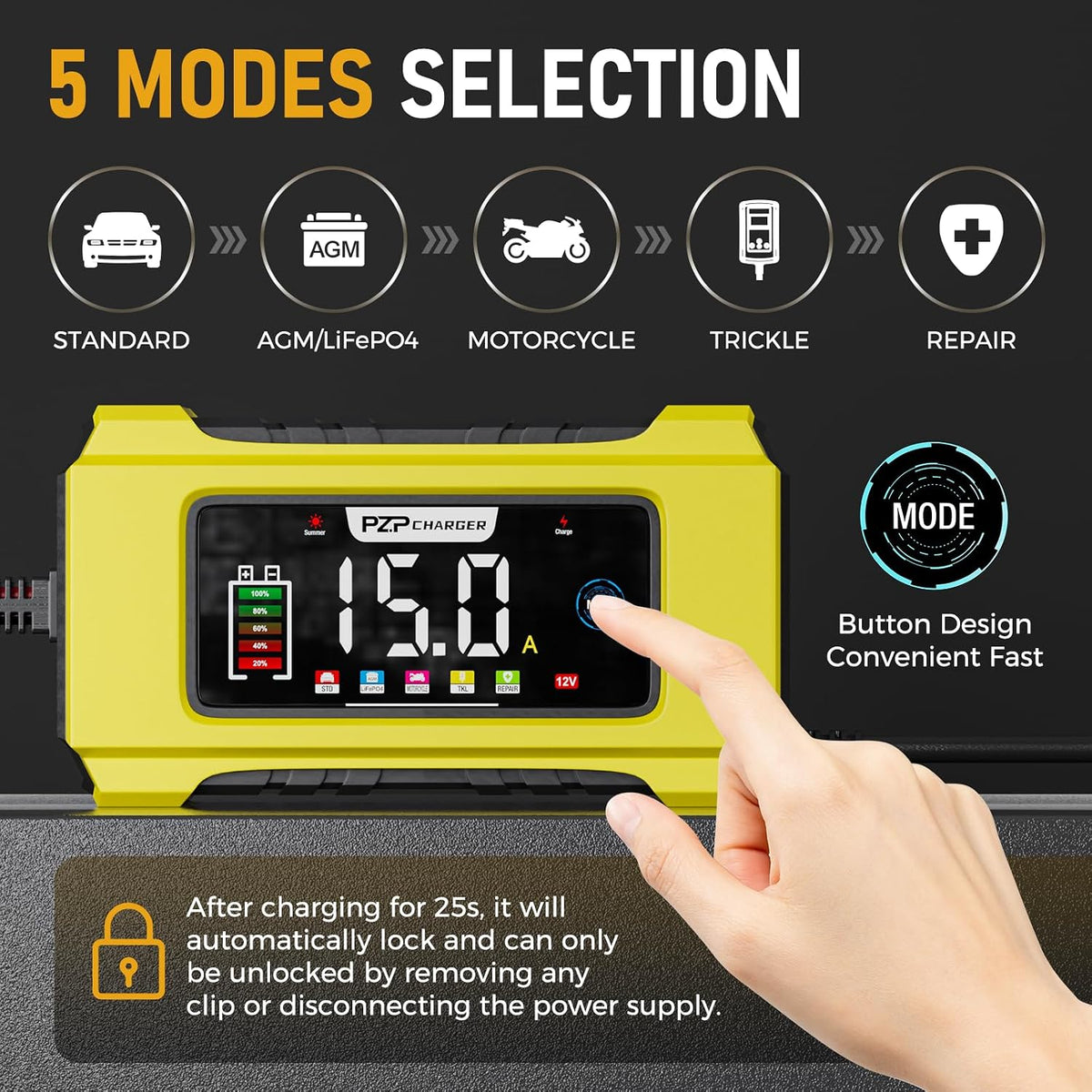 PZ.P 15-Amp 12V/24V Smart Battery Charger, Maintainer & Trickle Charger for LiFePO4, Lead Acid Batteries - Fully Automatic 9-Stage Charging w/Temp Compensation for Motorcycle Car Truck Lawnmower Boat