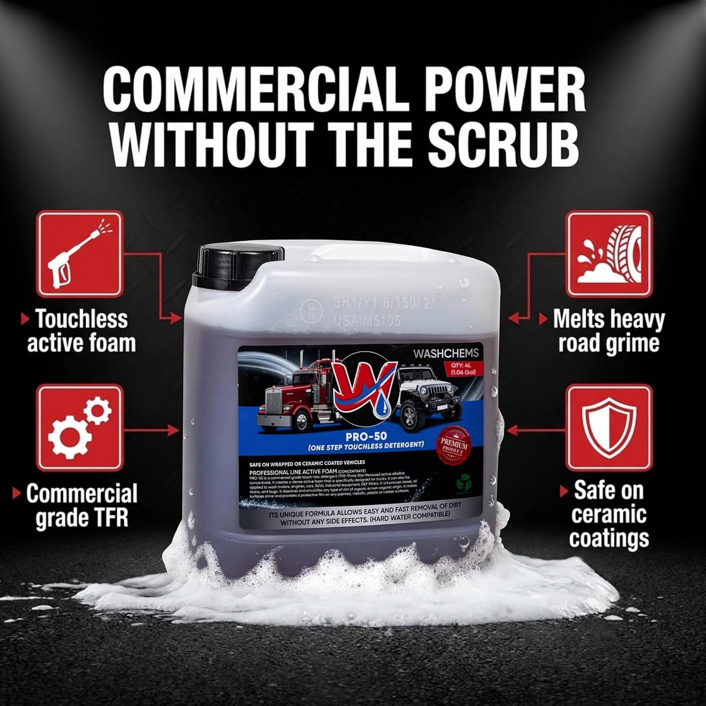 Wash Chems Pro 50 Touchless One Step Car Wash Detergent Soap Concentrate No Brushing, Commercial Grade Professional Auto Foam Cleaner Also Great for Trucks & Tractors
