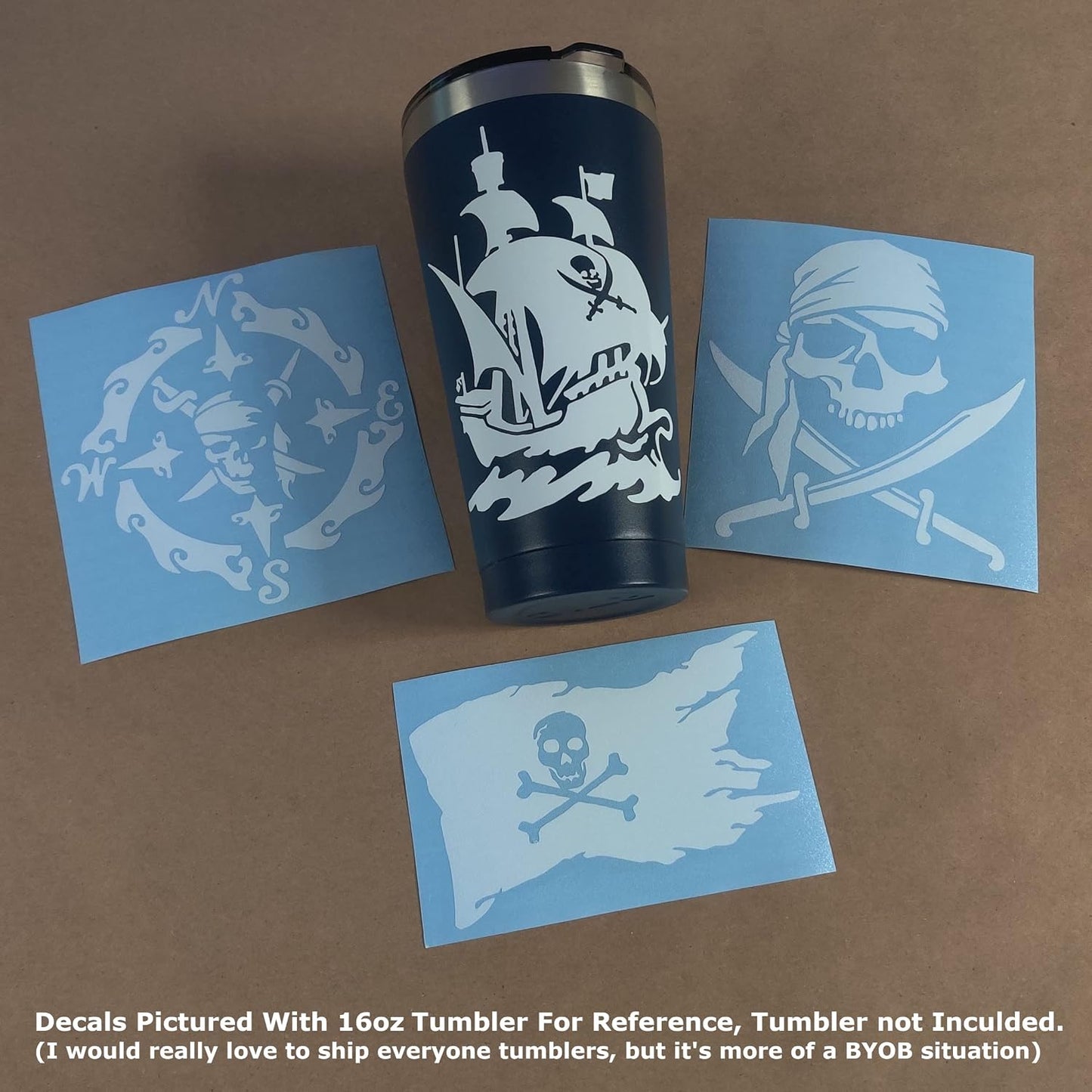 Pirate Decals 4 Pack: Skull and Swords, Ship, Flag, Compass (White, PiratesOne Large 5")