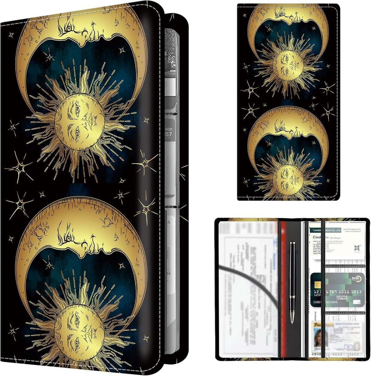 Premium Car Registration and Insurance Card Holder, Cute PU Leather Car Document Holder, Vehicle Glove Box Car Organizer with Magnetic Closure for Driver License, Cards Golden Sun and Moon