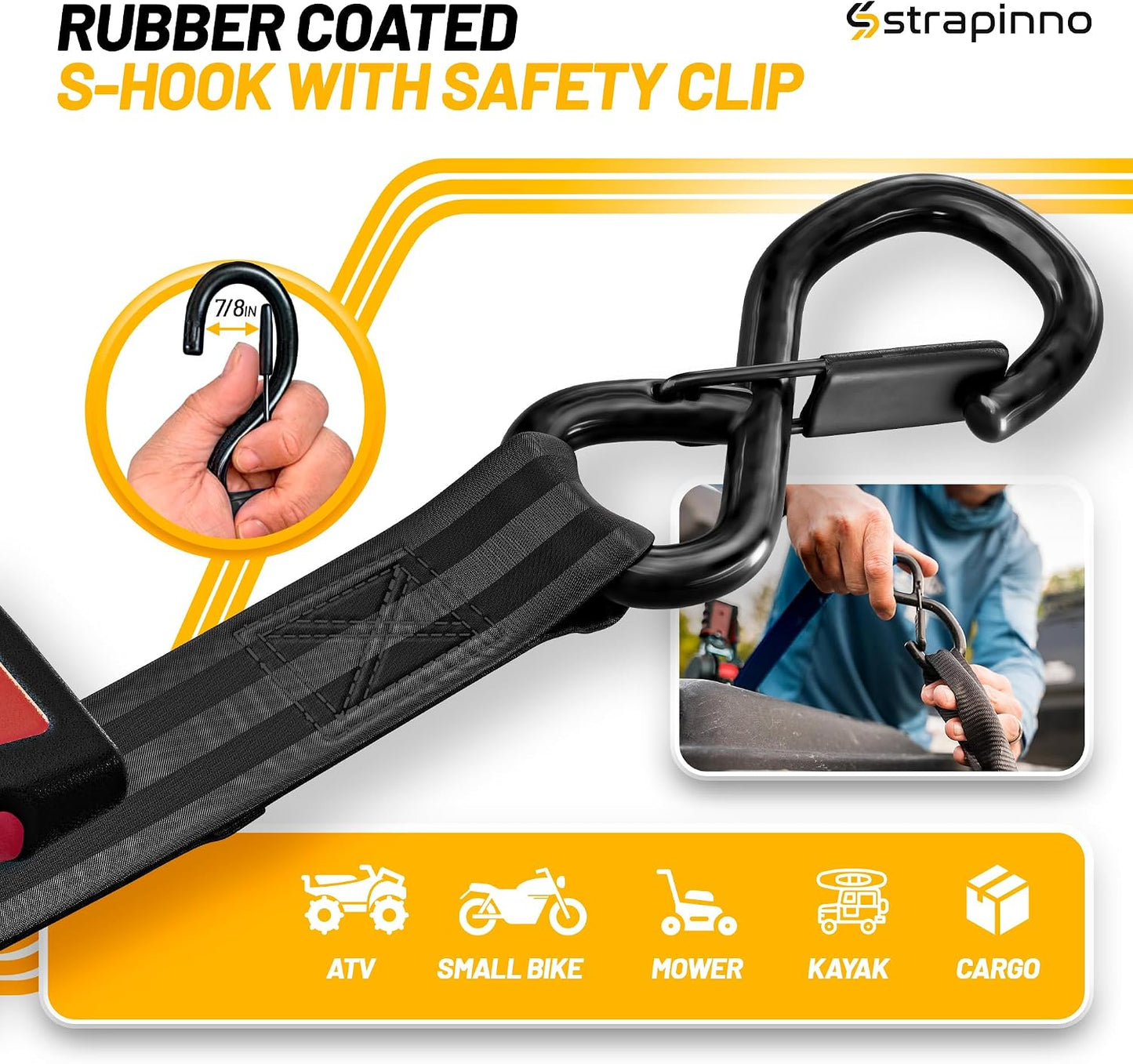 Strapinno Retractable Ratchet Straps (4-Pack), 1 in x 10 ft, 1,500LBS Break Strength, Most Durable Straps and Core, Auto Self Retracting Tie Downs for Truck, Moving, Motorcycle, Bike, Jetski, Kayak