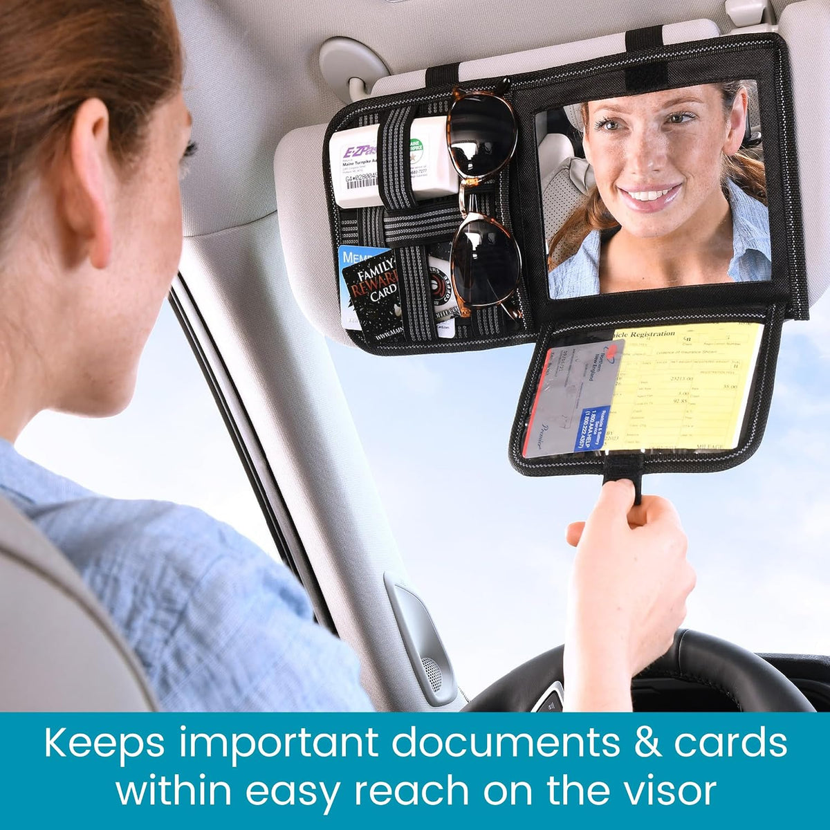 Visor Organizer with Mirror and Hidden Registration and Insurance Pocket