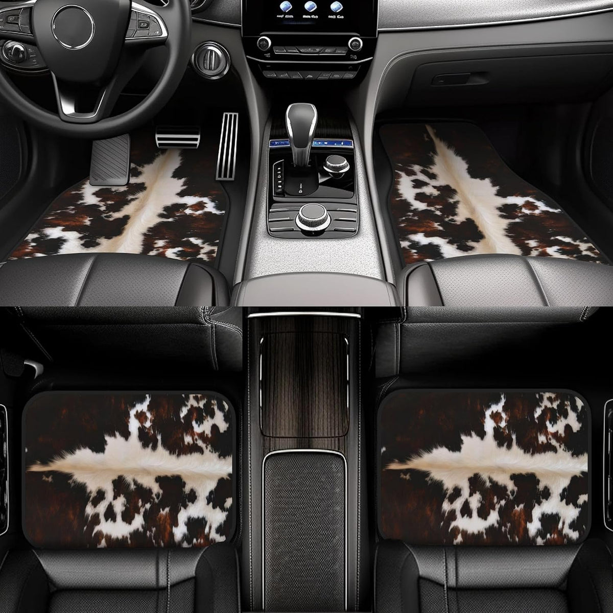 Artistic Fabric Car Floor Mats-Non-Slip Rubber Backing,Front (26.8x17.3in) & Rear (13x17.3in) Set-Water Absorbing, Durable Automotive Floor Liners with Stylish Patterns,Cowhide