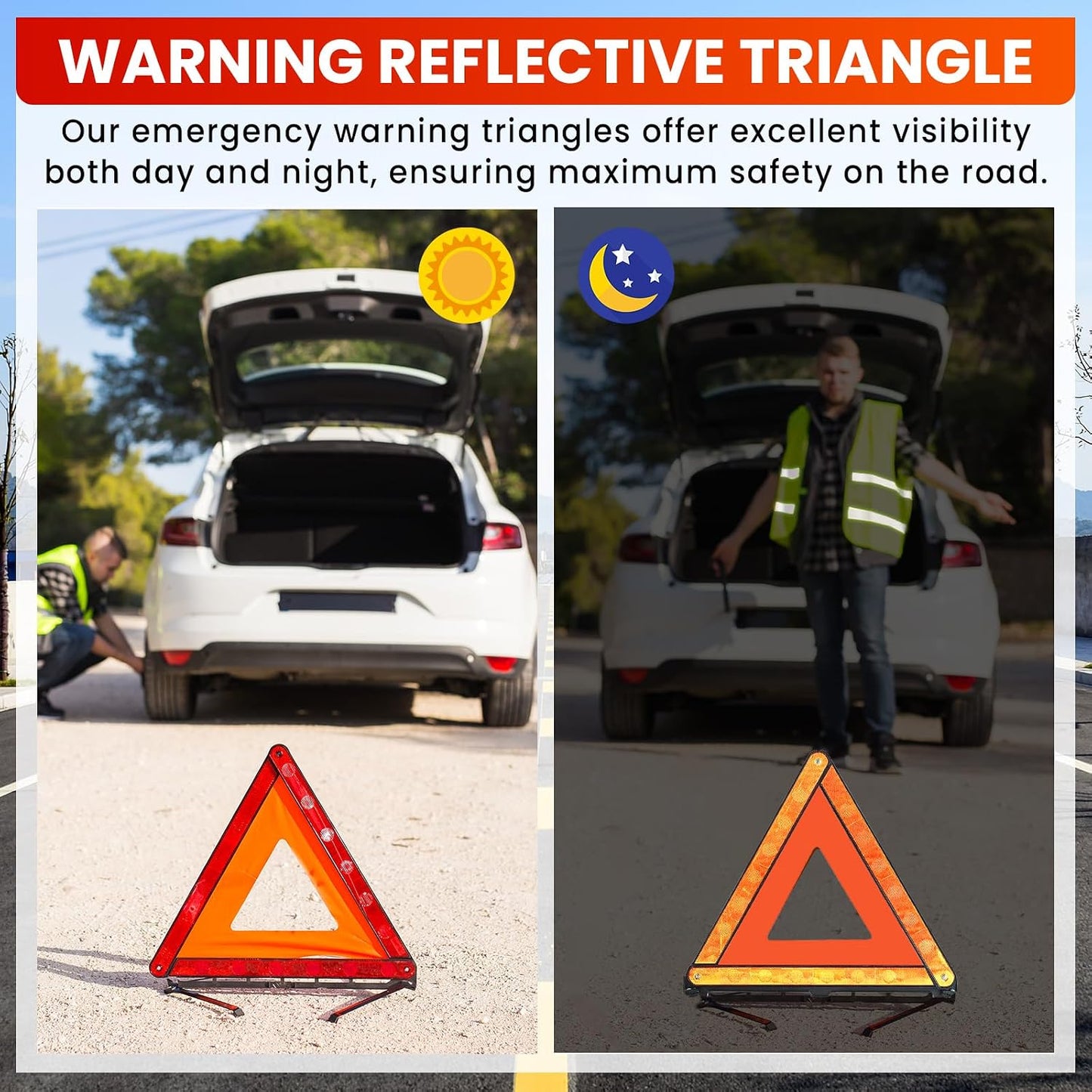 2 Pack Emergency Triangle + 2 Pack Reflective Vest, Foldable Reflective Emergency Triangles Roadside with Reflective Warning Vest, Base Roadside Triangle Kit, Roadside Emergency Car Kit