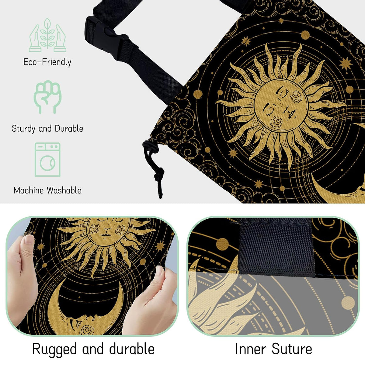Mystical Sun Car Trash Bag,Golden Crescent Moon Hanging Drawstring Car Garbage Bag,Waterproof Canvas Car Back Seat Organizer with Adjustable Buckle,for Vehicles,SUVs,Camping,Road Trips