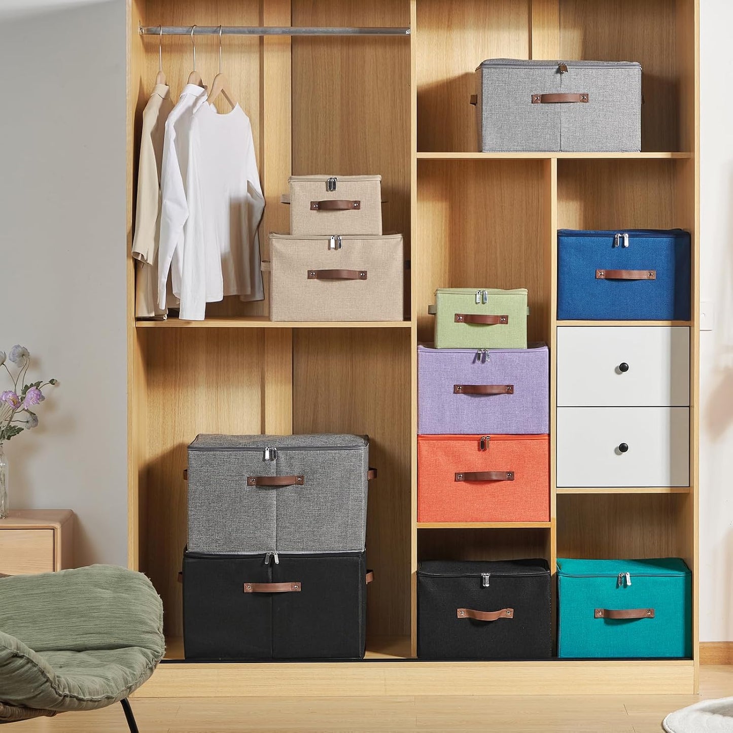 Storage Bins with Zipper Lid Cotton Linen Fabric Lidded Storage Baskets Boxes Foldable Washable Closet Shelf Clothes Organizer Container with PU Leather Handles (Teal Blue, Large)