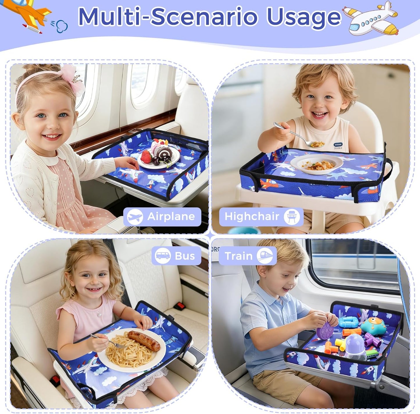 COOLBEBE Airplane Tray Table Cover, Foldable Travel Tray Cover for Toddlers 1-3, Universal Fit for Airplane, Car Seat, High Chair, Machine Washable, Portable, Blue Plane