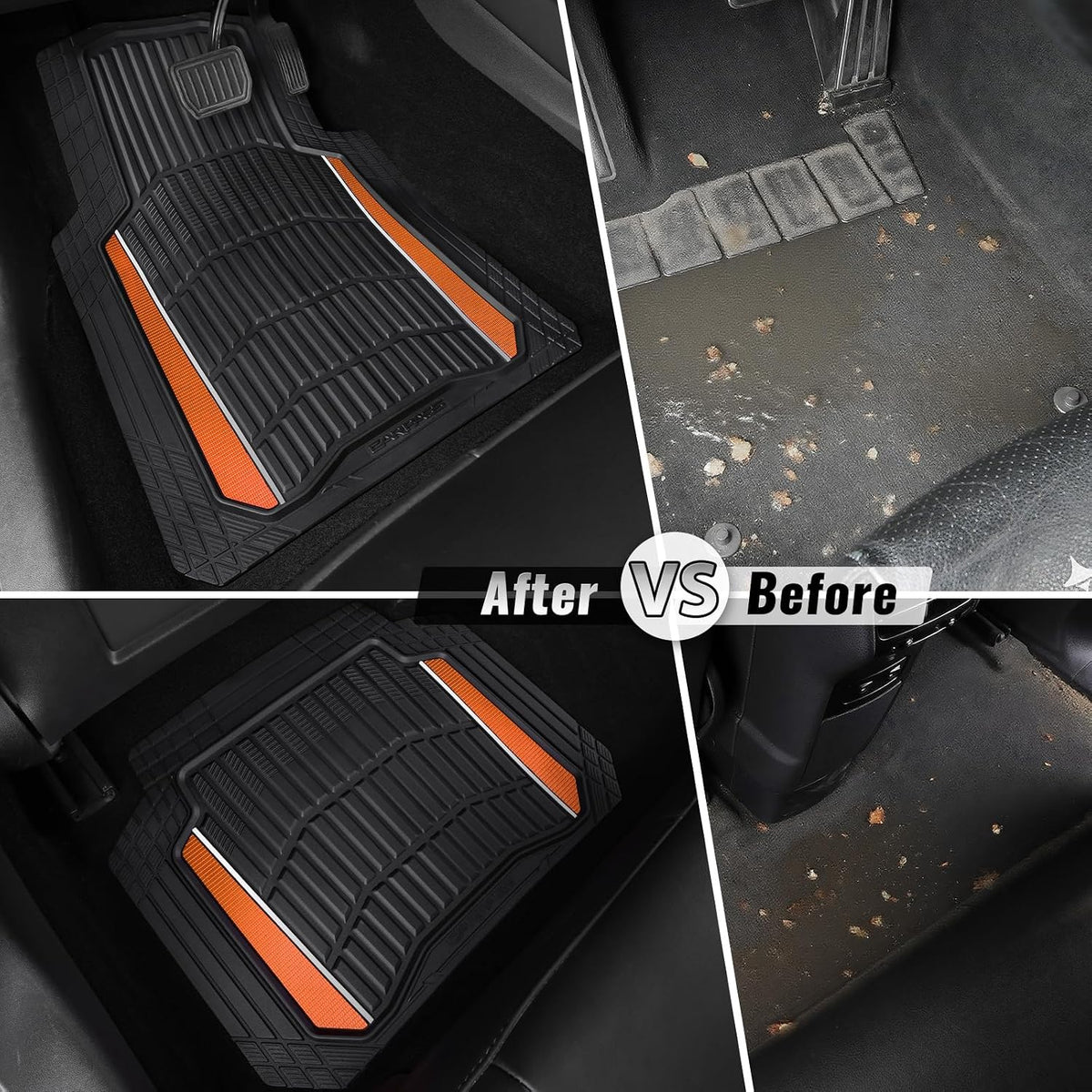 CAR PASS Heavy Duty Rubber Car Floor Mats, Deep Waterproof Car Floor Mats All Weather, Aluminum Film Floor Mats for Cars Non-Slip Universal Trim Fit for SUVs Trucks Sedans Vans, Black Orange Metallic