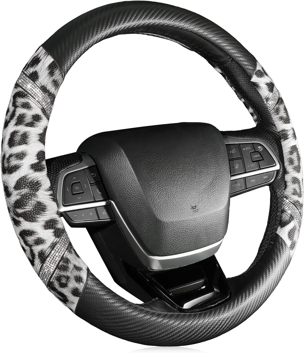 Rhinestones Leopard Leather Car Steering Wheel Cover-Black&White