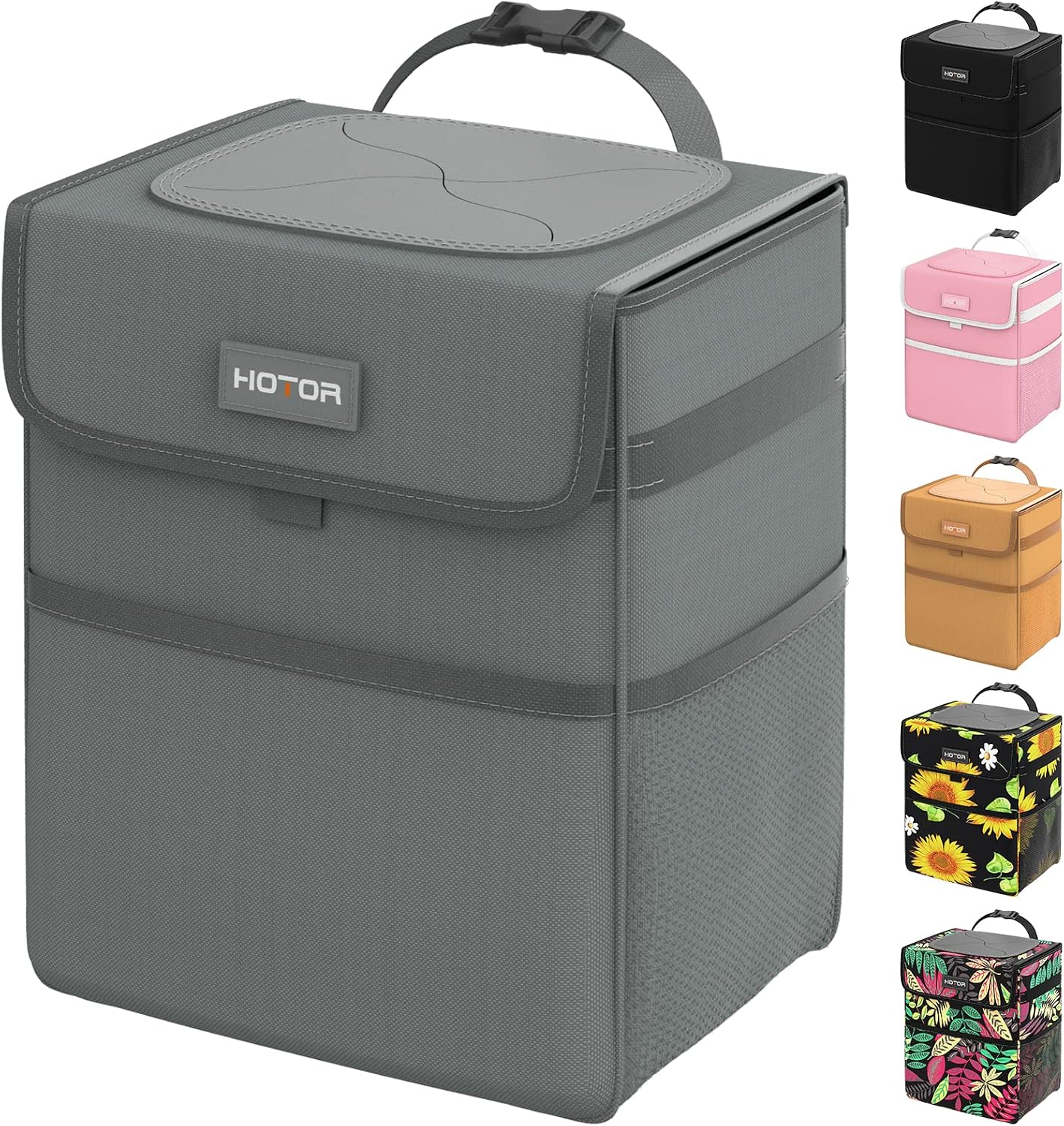 HOTOR Car Trash Can with Lid, Brown Trash Bag Hanging with Storage Pockets, 100% Leak-Proof Garbage Can with Adjustable Straps, Magnetic Snaps, Waterproof Interior Car Bin