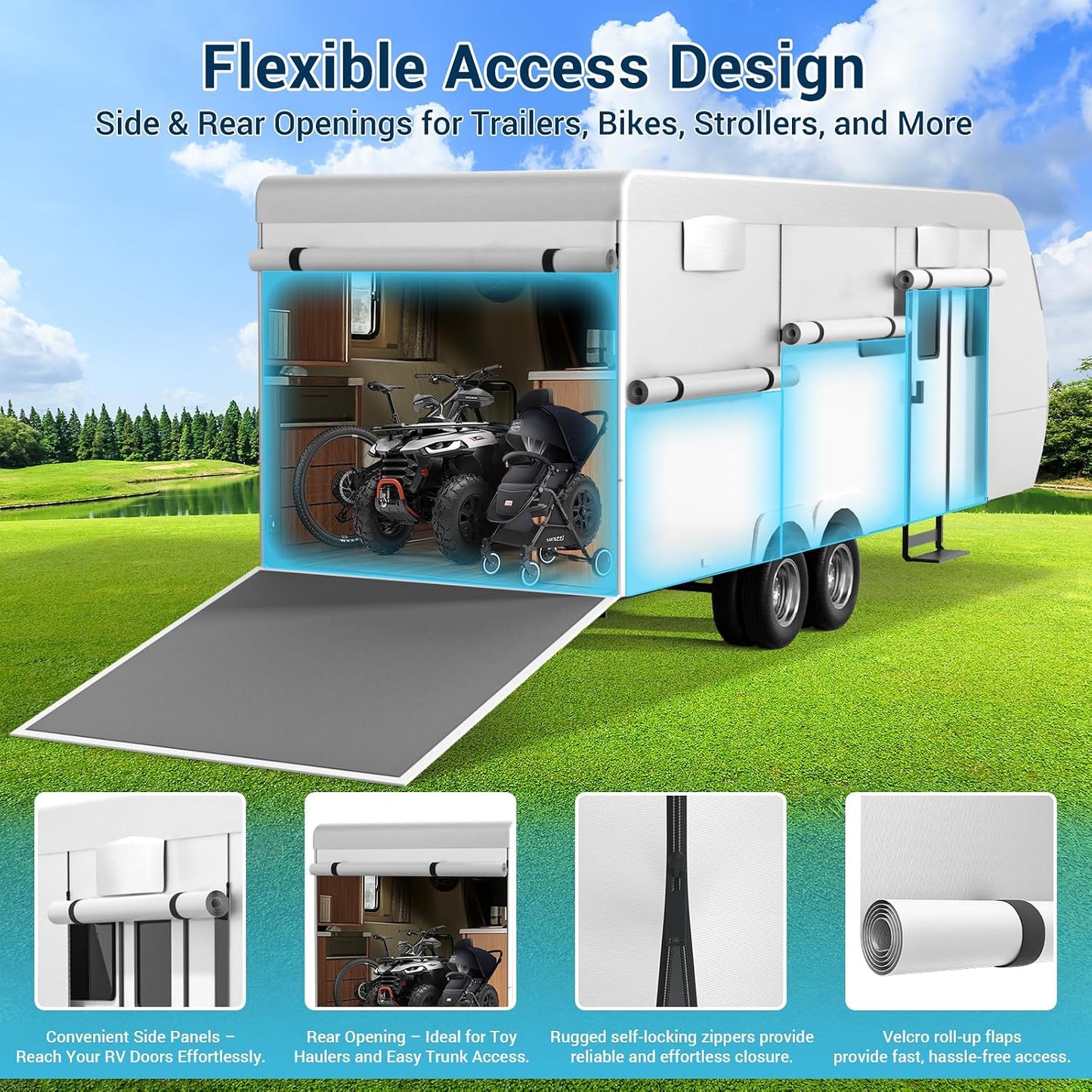 600D Oxford Fabric RV Cover 18-20ft Travel Trailer Cover, 6 Layers Waterproof Rip-Resistant Anti-UV Motorhome Camper Cover with Tongue Jack Protection, Tire Covers, Windproof Straps