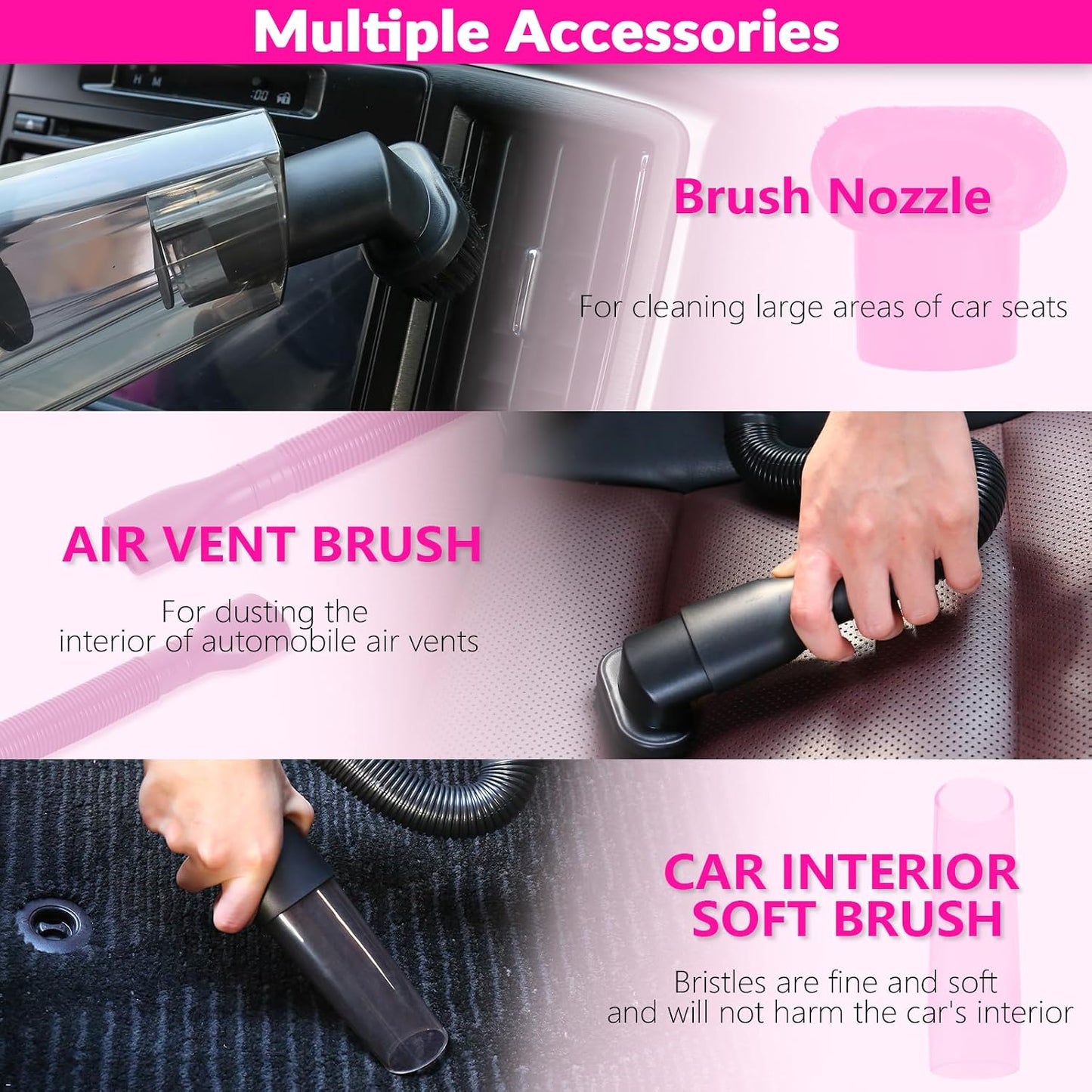 ThinkLearn Car Cleaning Kit, Car Corded Vacuum Detailing Kit Interior with High Power Handheld Vacuum, Including 7Pcs Detailing Brush Set, Windshield Cleaner, Pink Car Accessories for Women