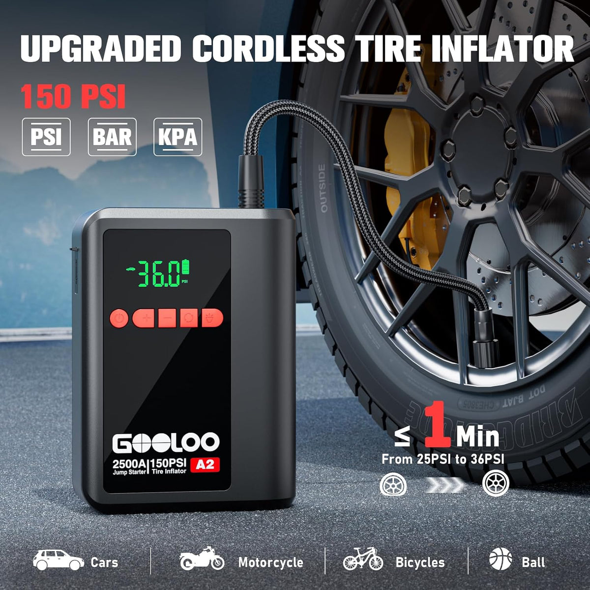 GOOLOO A2 Jump Starter with Air Compressor (2000A & 150 PSI) - 12V Vehicle