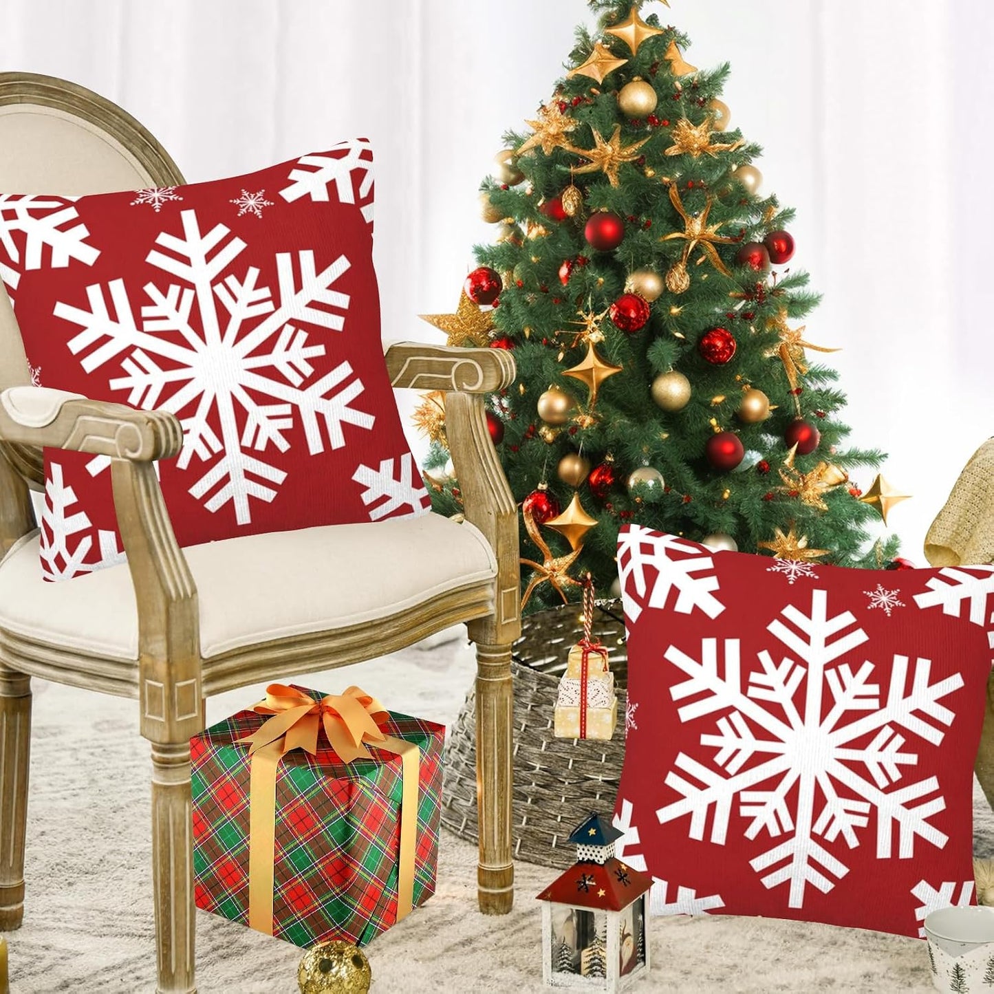 JOOCAR Christmas Pillow Cover 24x24 inch Set of 2 Beautiful Snowflakes Print Throw Pillow Cover Farmhouse Xmas Decor Winter Holiday Cushion Case for Sofa Couch