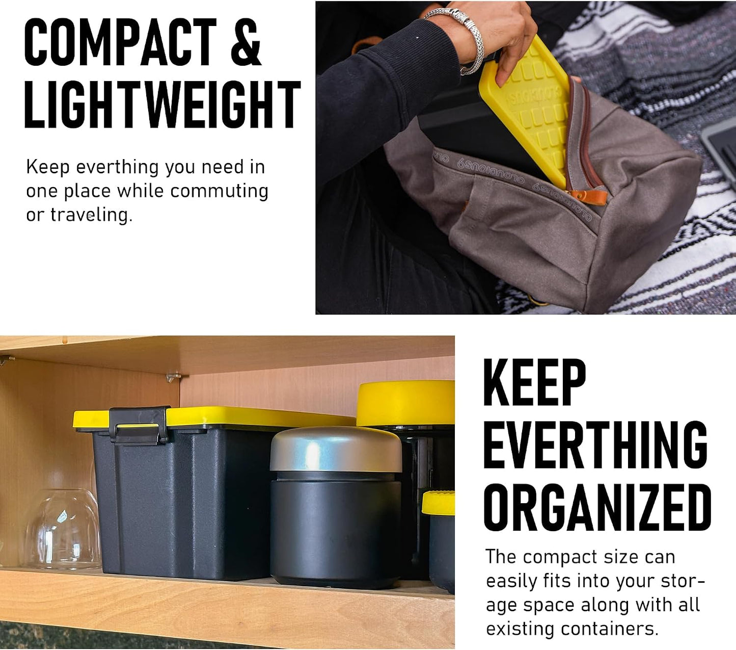 Stash9 Mini Tabletop Tote Storage Container Bins Carbon Filter Smell Proof Pack, Airtight silicone Seal and Two-Way Humidity Pack Slots Stackable Plastic Black Base Containers Stash Box Bin