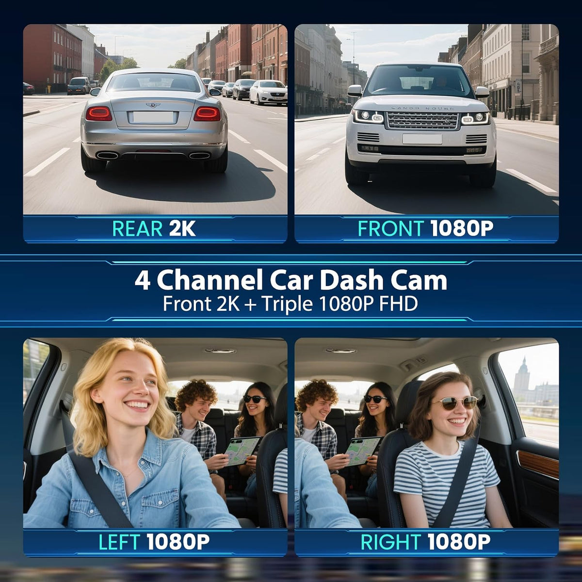 Dash Cam 4 Channel 360° Coverage - Front 4K + Triple 1080P HD Car Camera Built-in WiFi Car Camera with App, G-Sensor/Night Vision/Parking Mode/Loop Recording Free 64GB SD Card