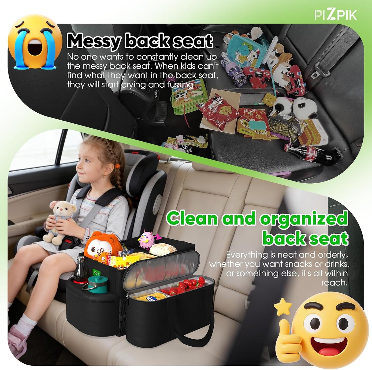 Plzpik Large Car Seat Organizer with Removable Cooler Bag for the Front or Back Seat for Kids and Adults.Versatile for Use in Multiple Scenarios.