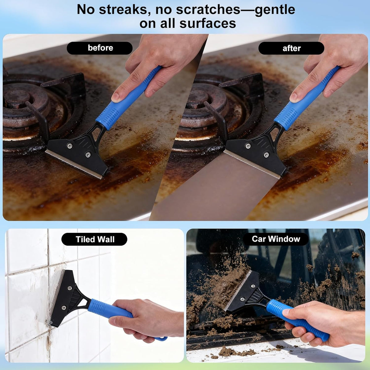 3-in-1 Professional Window Squeegee Kit with 2 Squeegee, 2 Microfiber Scrubber, 1 Razor Scraper, Thick Iron, 77.5" Window Squeegee with Extension Pole for Car, Glass, Mirror, Wall, Bathroom, Home, Van