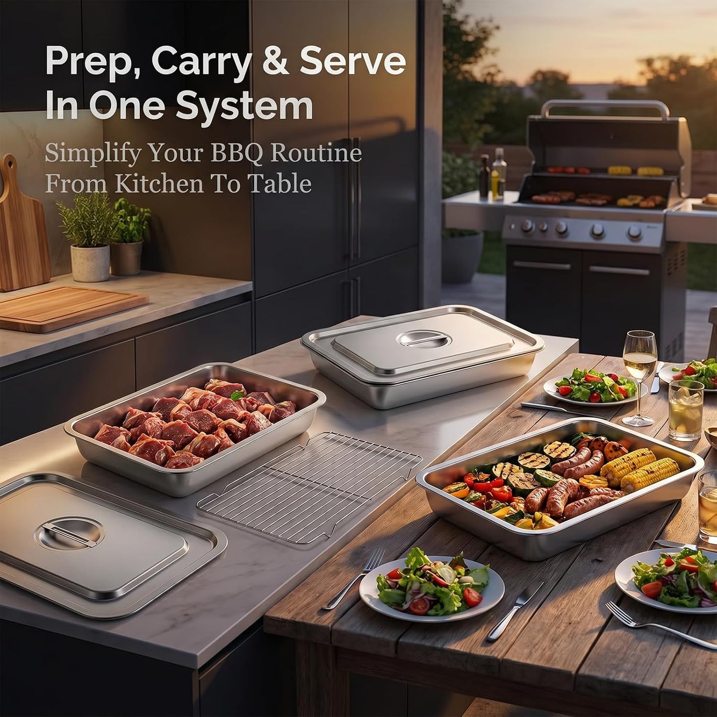 Grilling Prep and Serve Tray Set with Lids, Set of 5 Food Prep System, Includes Stackable Stainless Steel BBQ Trays, Deep Marinating Container and Raised Racks for Marinating, Carrying & Serving