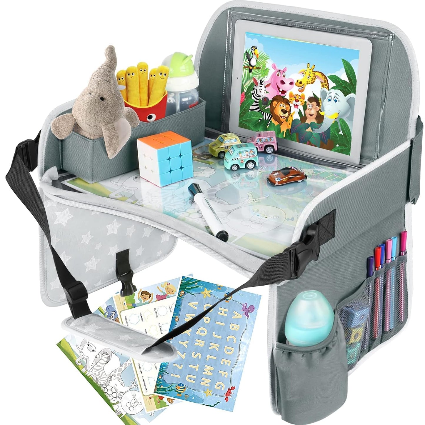 MENZOKE Kids Travel Tray, Car Seat Tray for Kids Travel, Toddler Essentials | Road Trip Activities Accessories with Tablet Holder, Cooler Cup Holder, Dry Erase Board & Storage Pocket for Airplane, Blue