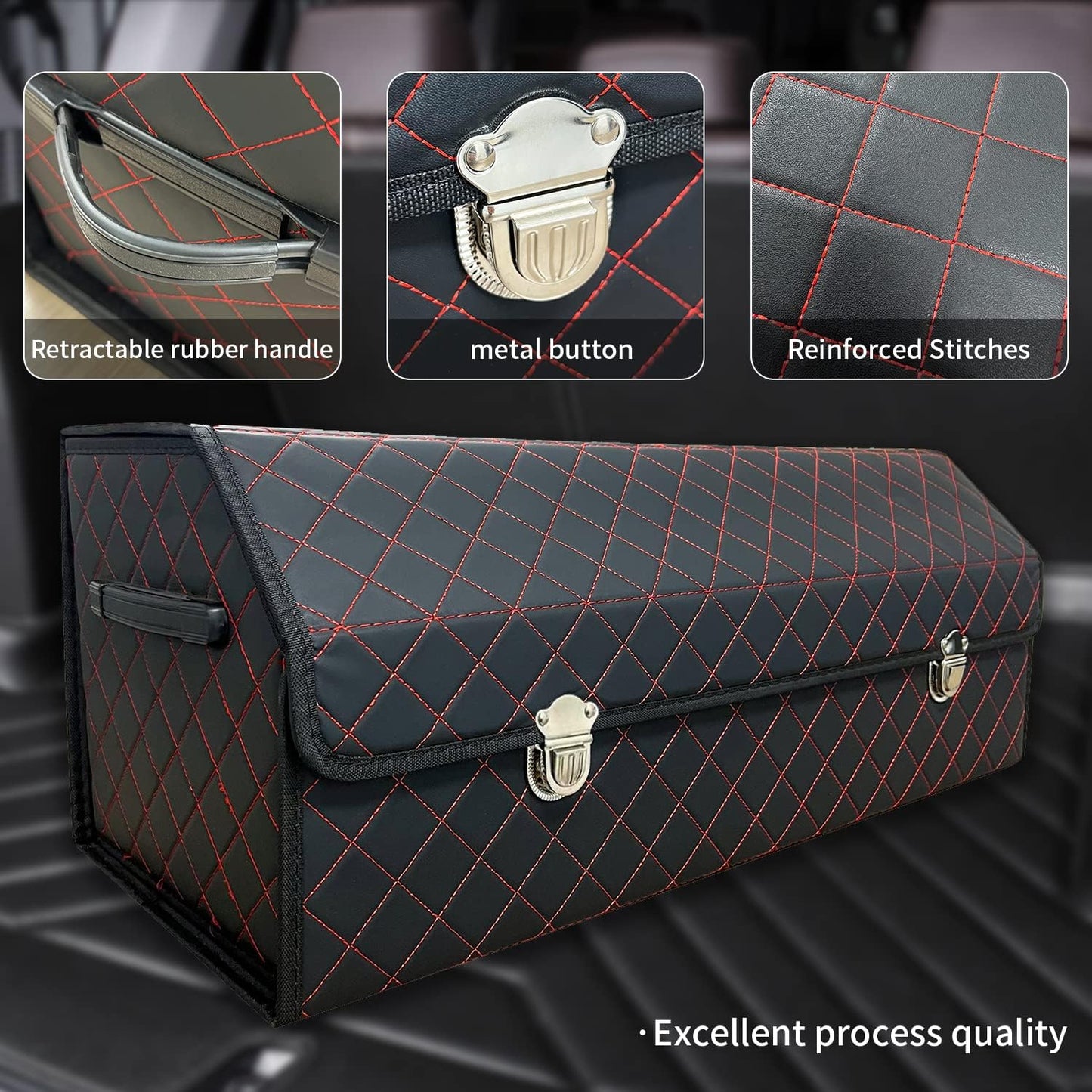 Car Trunk Organizer with Lid,Foldable Faux Leather Cargo Storage Box,3 Compartments,Collapsible Multi-Functional for SUV,Sedan,Vehicle Trunk
