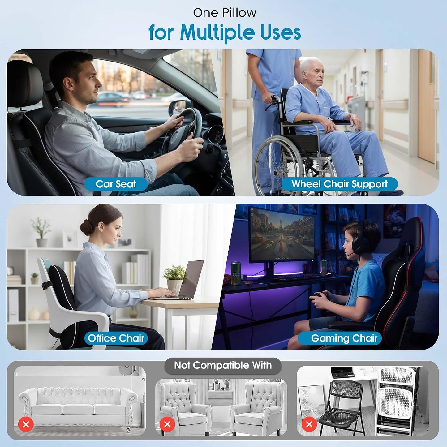 Lumbar Support Pillow for Office Chair and Car - Memory Foam Back Cushion with Breathable Mesh Cover & Dual Adjustable Straps for Back Pain Relief & Long Sitting - Full Back Support for Office Chair