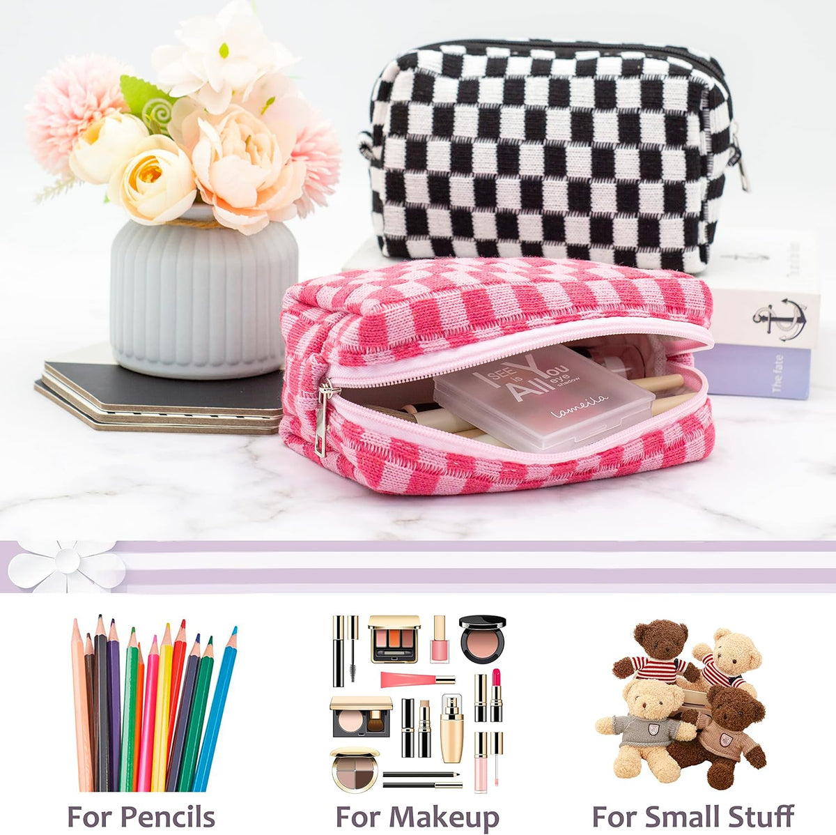 Checkered Makeup Bag for Purse, Small Travel Cosmetic Pouch,Hotpink,6 Pack