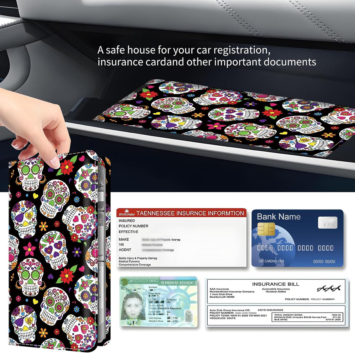 Premium Car Registration and Insurance Card Holder, Cute PU Leather Car Document Holder, Vehicle Glove Box Car Organizer with Magnetic Closure for Driver License, Cards Floral Skull