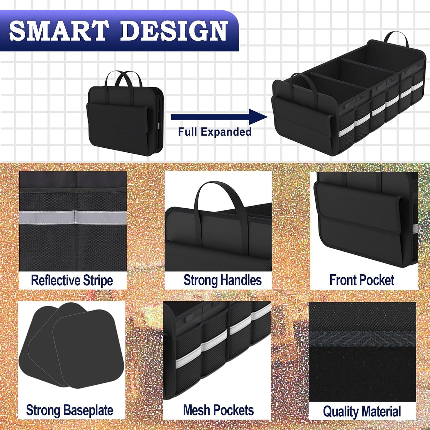 Trunk Organizer for SUV, Large trunk organizer for car, Collapsible Multi-Compartment Car Trunk Organizer, Sturdy Cargo Trunk Storage Organizer, Non Slip Bottom