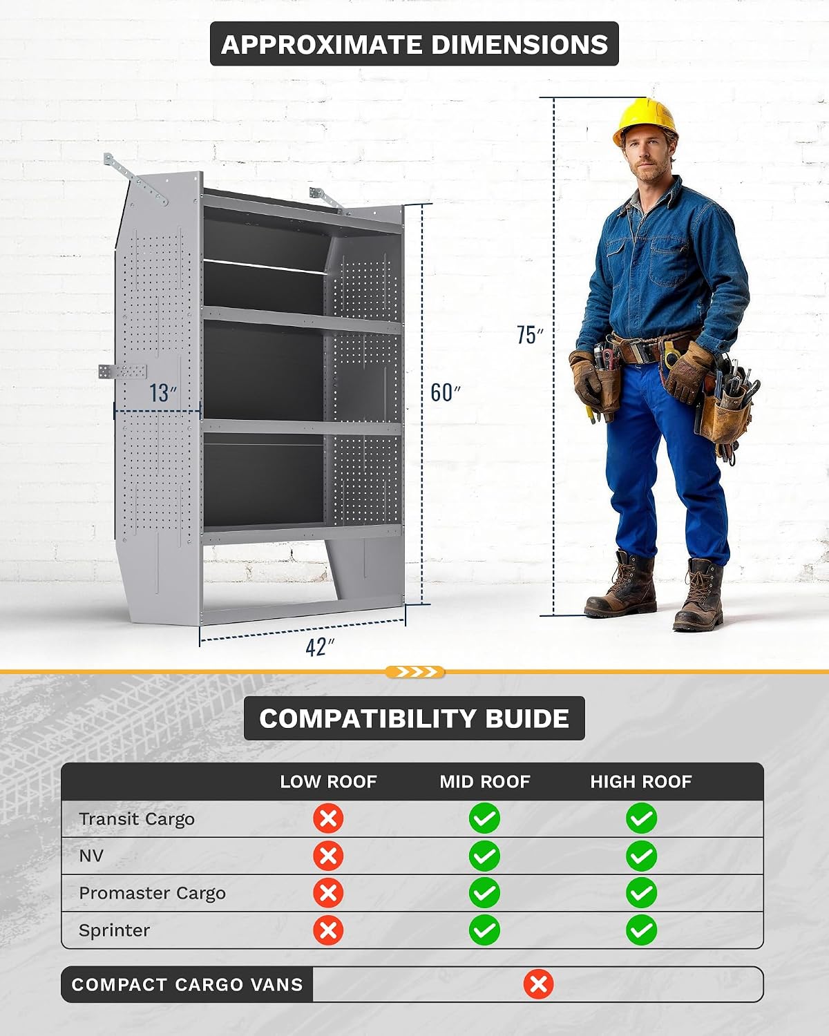 SV-4260 Steel Van Shelving Storage System 42" W×60" H×13" D Fits Transit, NV, Promaster, Sprinter