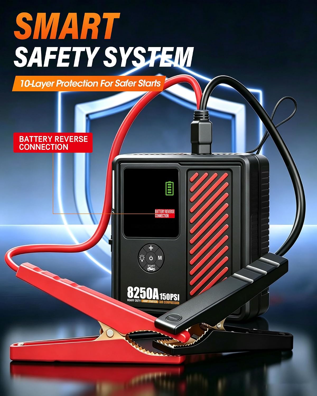 JFEGWO 8250A Jump Starter with 150PSI Air Compressor, 12V Battery Booster
