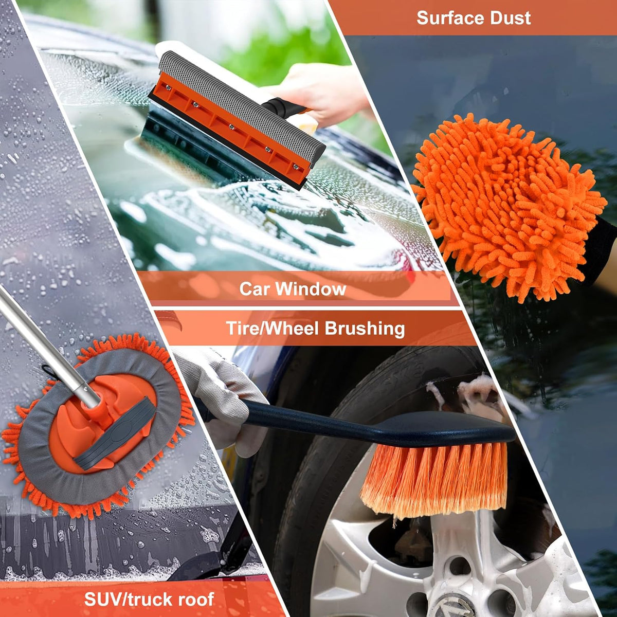 Buyplus 18FT Reach Car Wash Brush with Long Handle - Car Cleaning Kit with 3-12FT Extension Pole, Wheel Brush, Microfiber Cleaning Mop, Mitt, Window Squeegee for RV Truck SUV Boat Solar Pane Washing