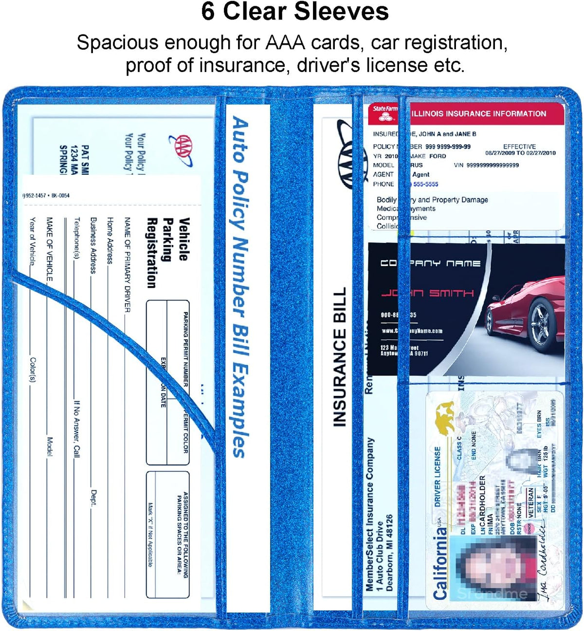 Leather Car Registration and Insurance Holder Magnetic Shut, Glitter Blue