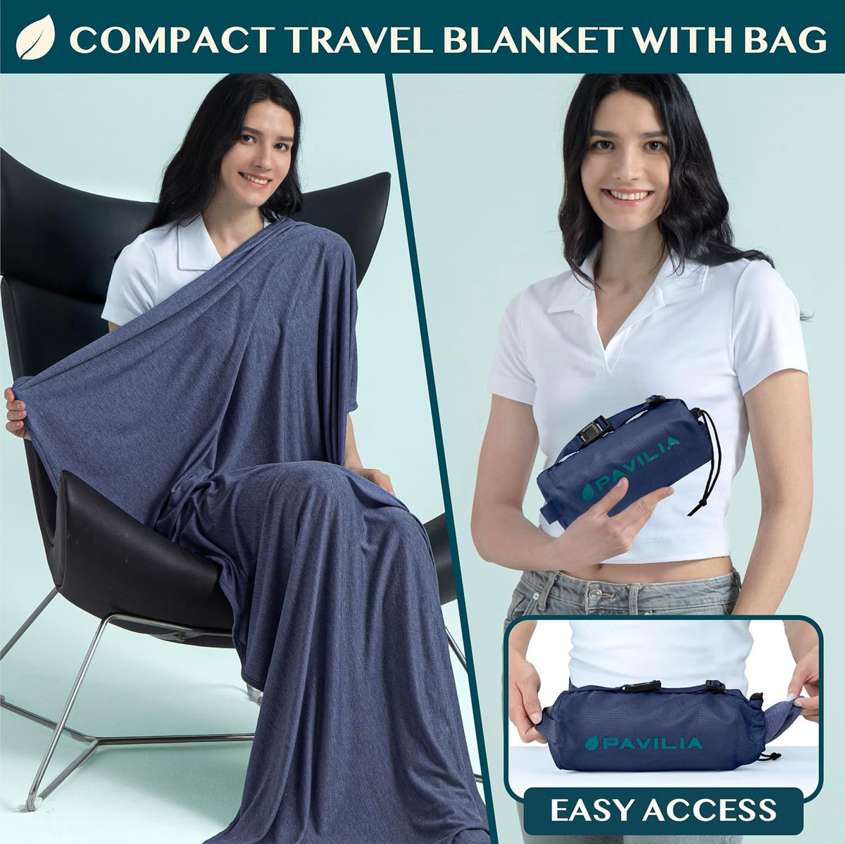 PAVILIA Travel Blanket Airplane Compact with Bag, Lightweight Soft Fleece Plane Blanket Long Flights, Camping Road Trips, Packable Travel Gift Essentials with Luggage Backpack Strap, 65x40, Navy Blue