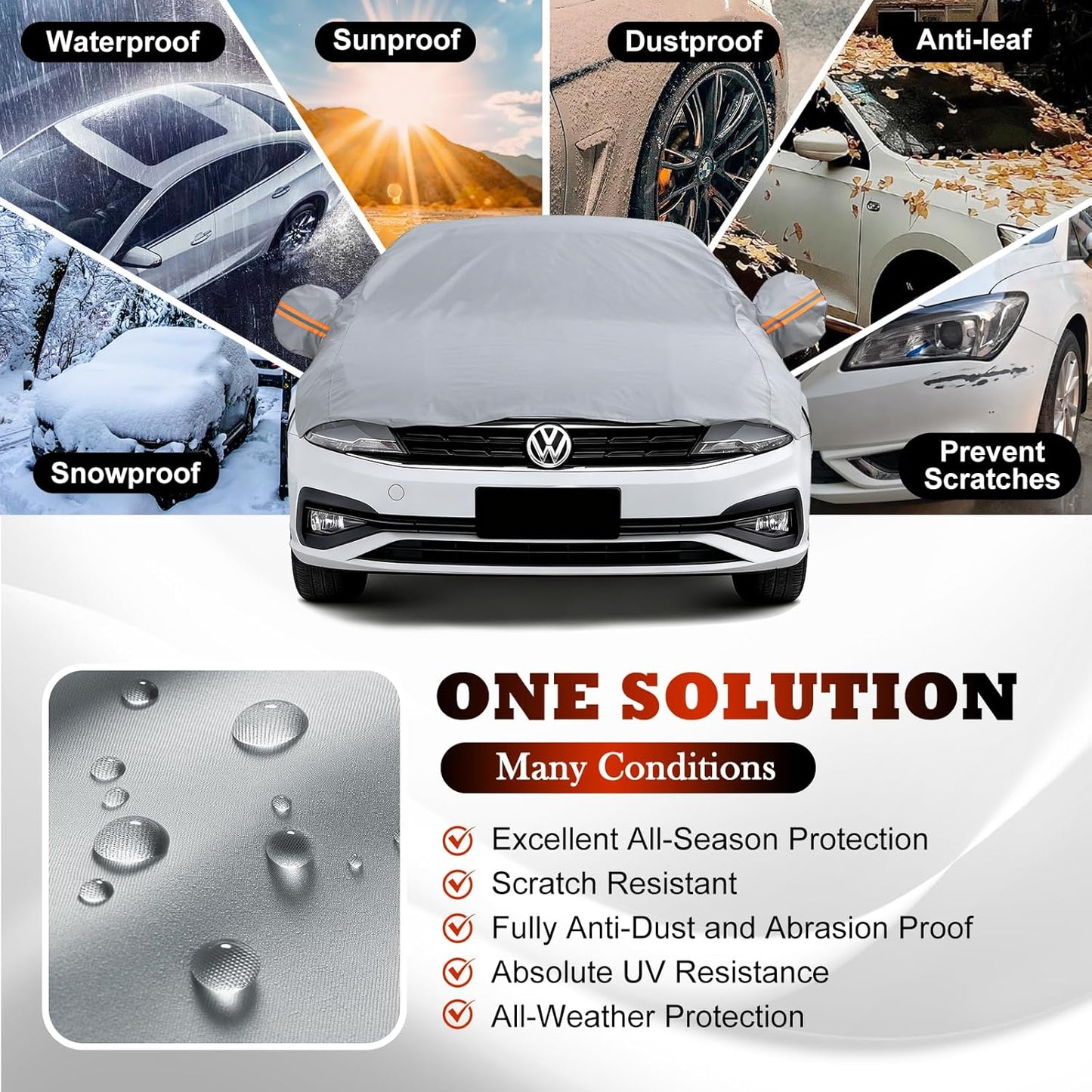 Half Car Cover for Sedan M, Winter Windshield & Roof Snow Cover with Cotton Liner, Waterproof Half Top Cover Protects from Snow, Ice, Frost, Sun and Dust, Fits Most Medium Size Sedans