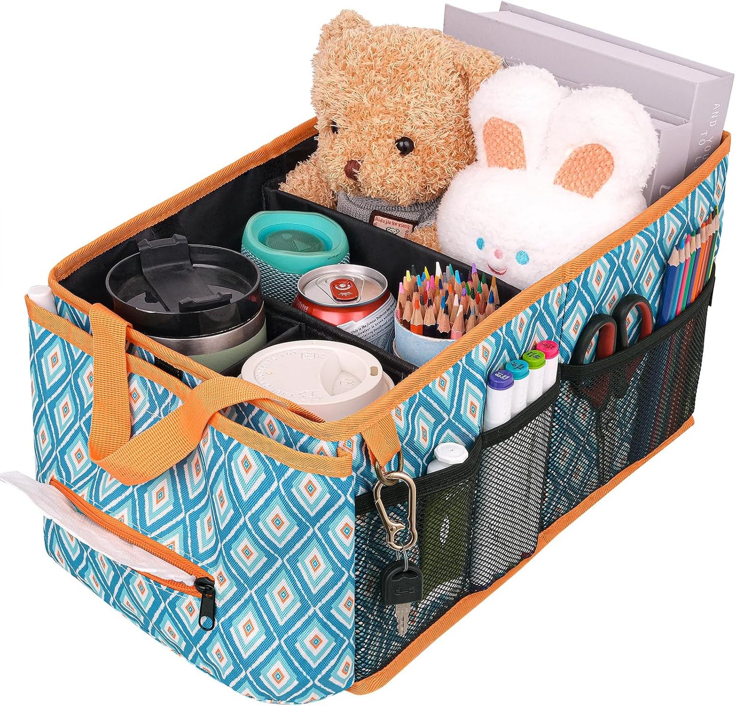 HEYSKAY Car Seat Organizer-Passenger Seat Organizer, Collapsible Small Car Seat Organizer for Console Front/Back, Car Seat Caddy Organizer with 4pc Drink Holders Automotive Backseat Organizer for Kids