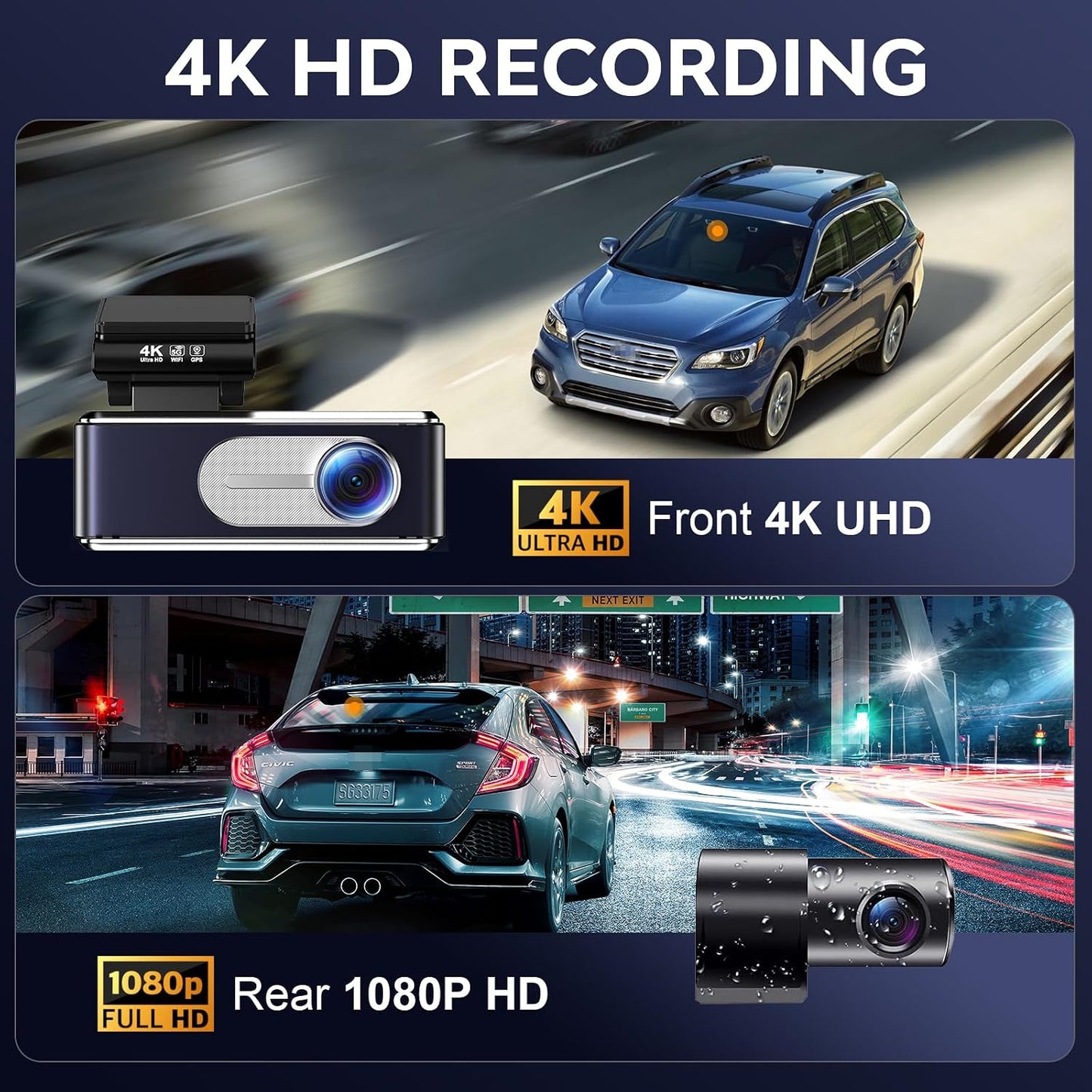 4K Dash Cam Front and Rear,with 64GB Card,Built in 5.8GHz WiFi & GPS Car Camera,Super Night Vision,Advanced Driver Assistance System,3.2'IPS Screen,24H Parking Mode,Time-Lapse,Loop Recording